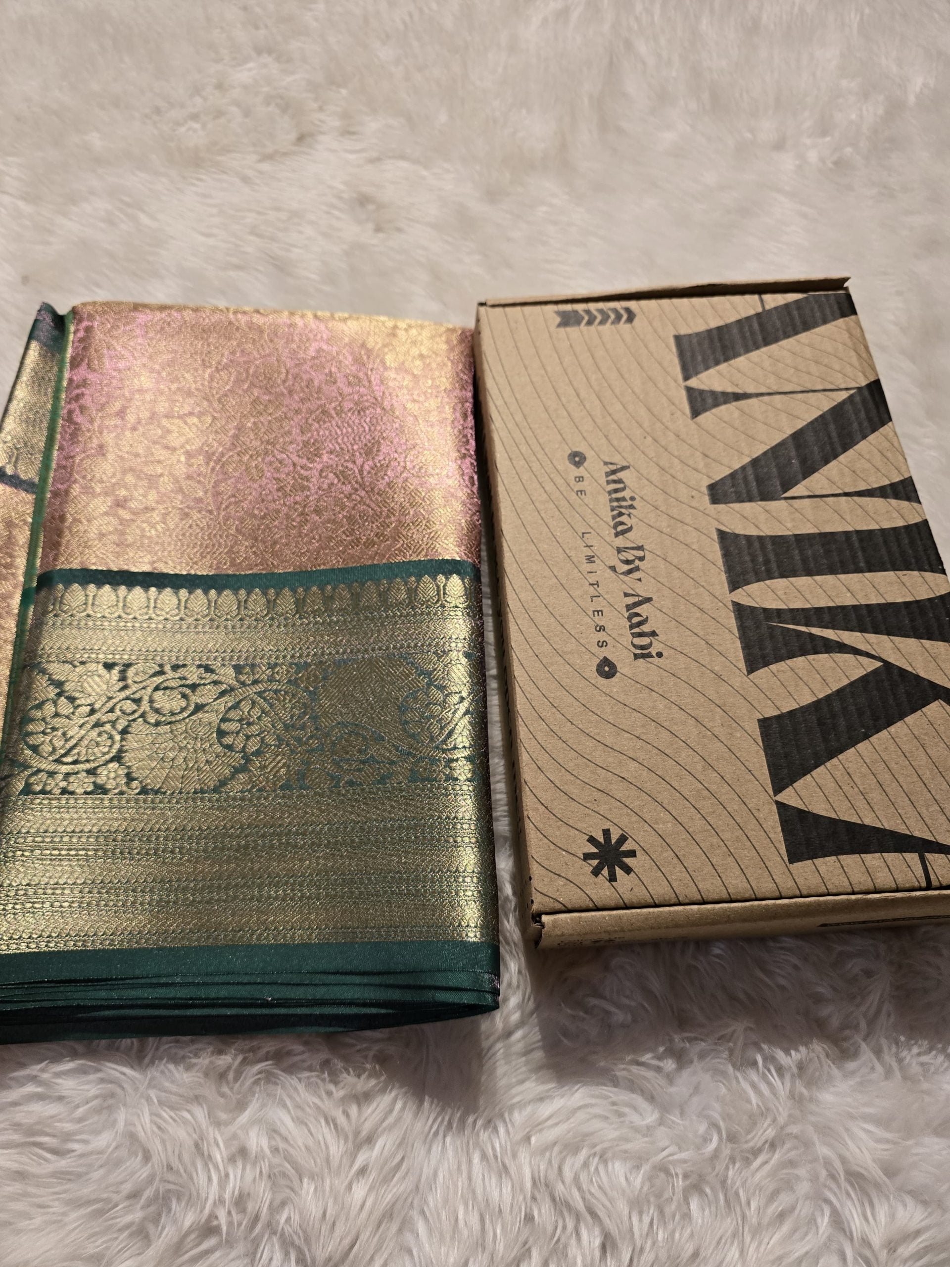 TISSUE FLORAL-ROSEGOLD WITH GREEN SAREE