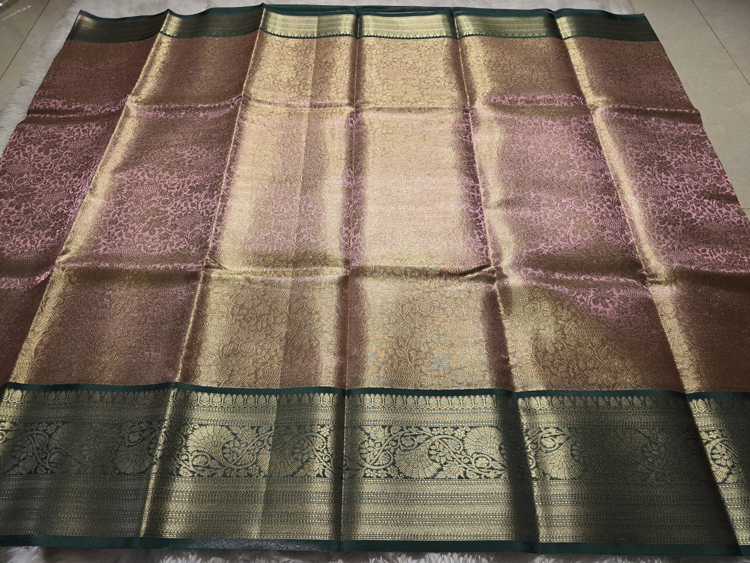 TISSUE FLORAL-ROSEGOLD WITH GREEN SAREE