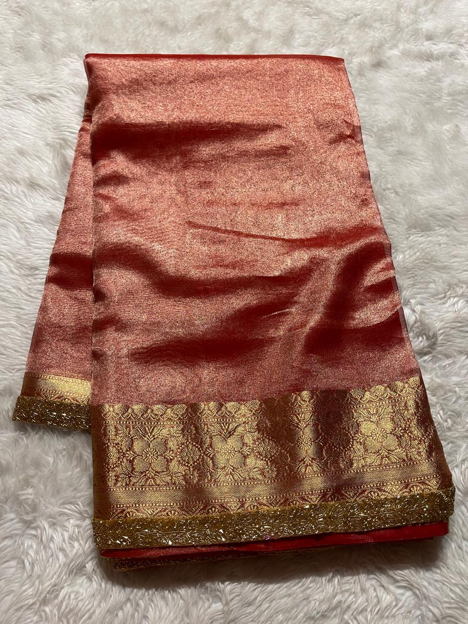 TISSUE BEATS-BRICK RED SAREE