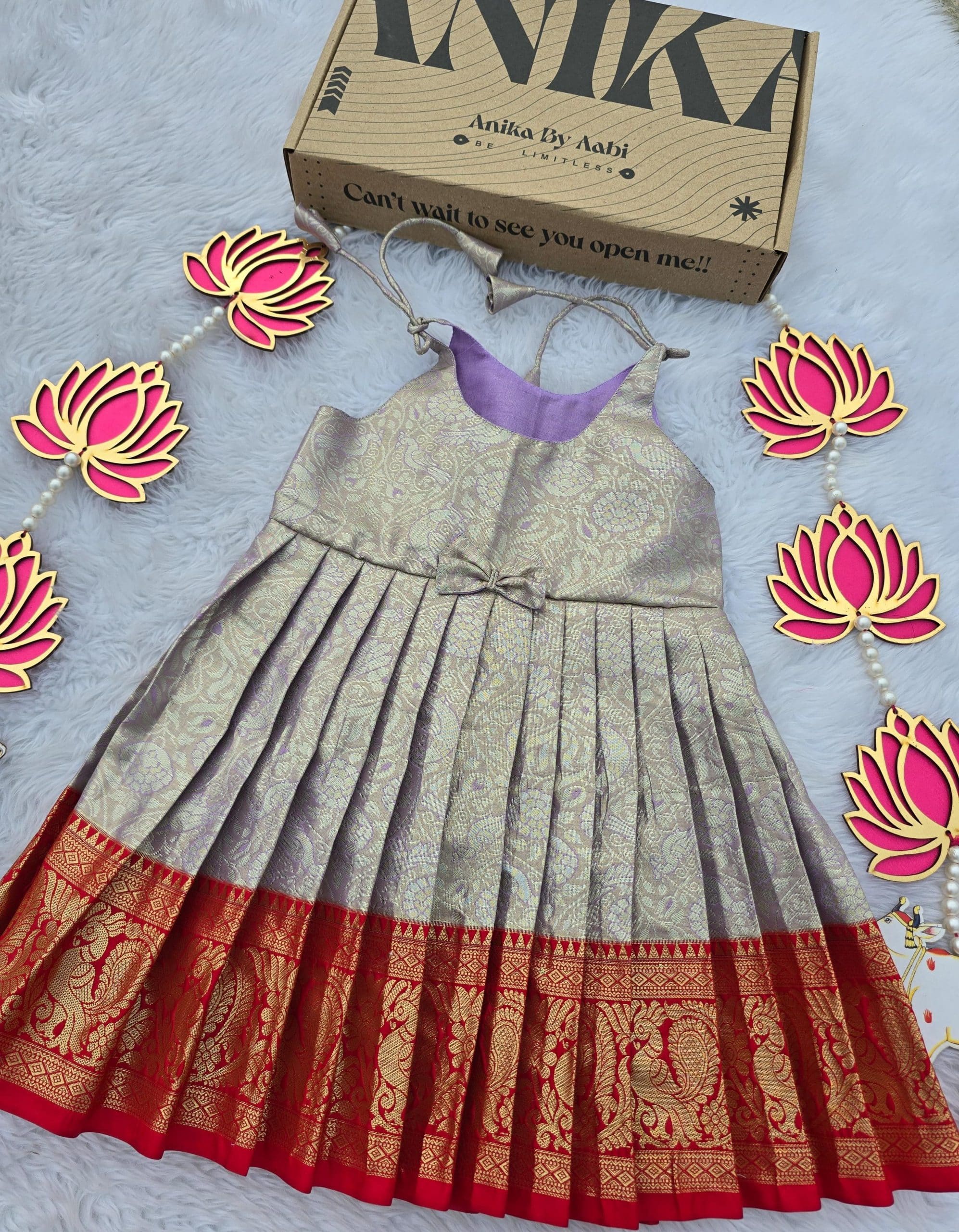 SWAYAM KIDS FROCK-PASTEL LILAC WITH RED ANNAPAKSHI SMALL BORDER
