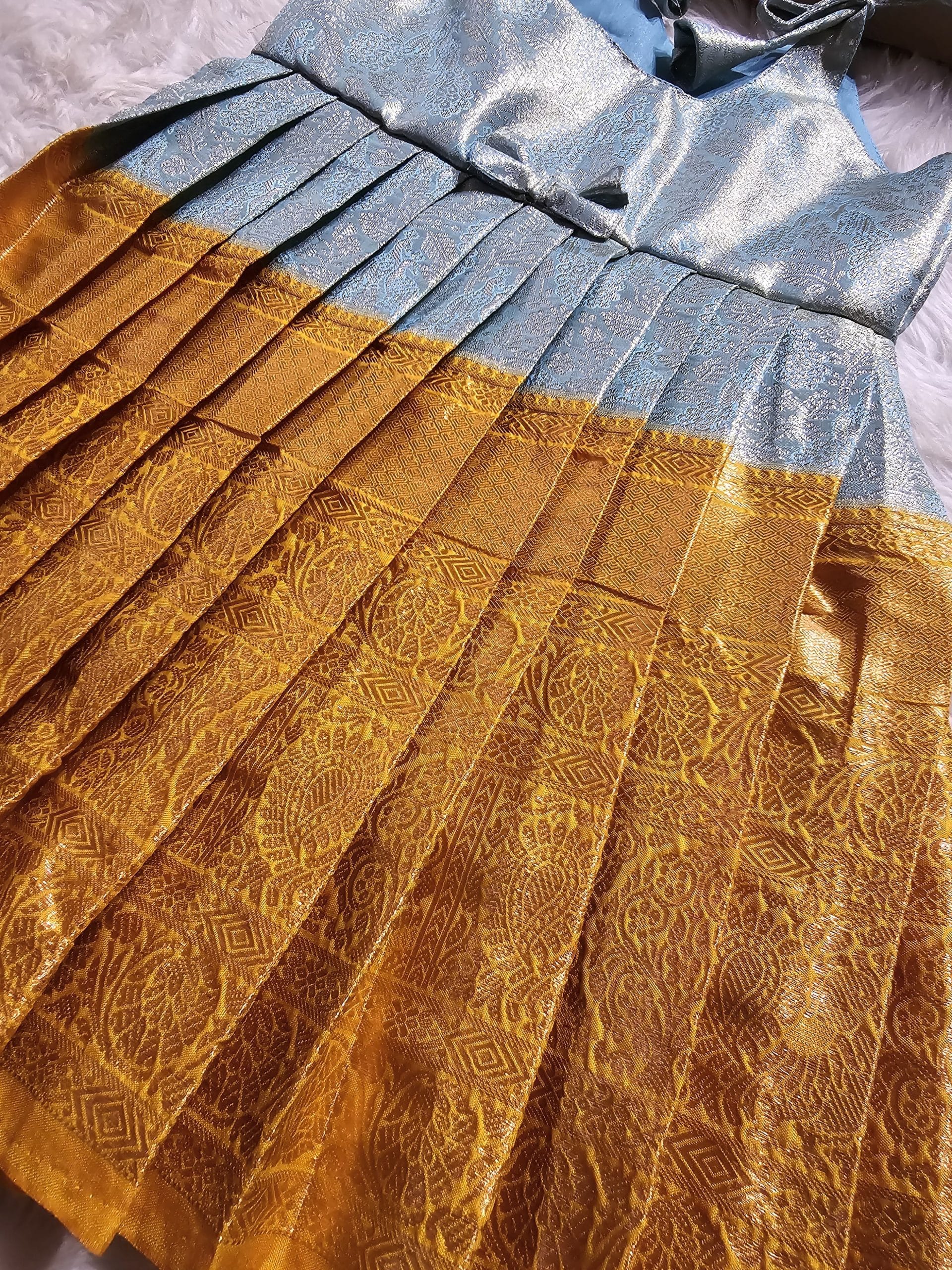 SWAYAM KIDS FROCK-TEAL ICEBLUE WITH MUSTARD YELLOW