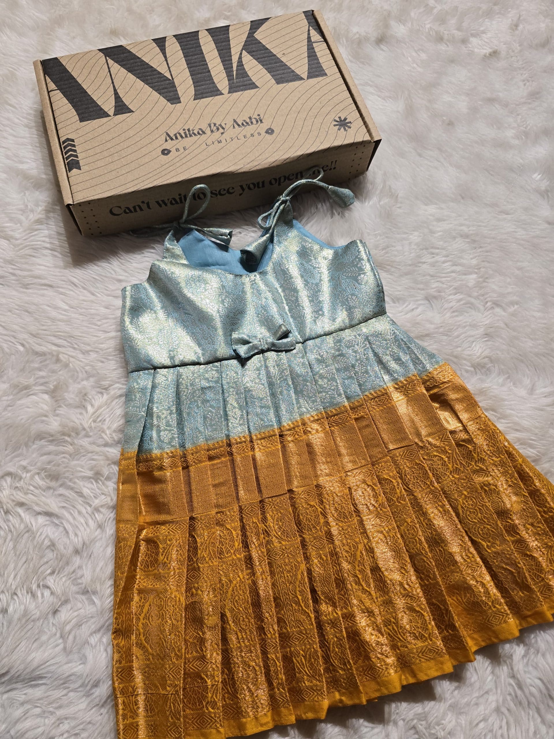 SWAYAM KIDS FROCK-TEAL ICEBLUE WITH MUSTARD YELLOW