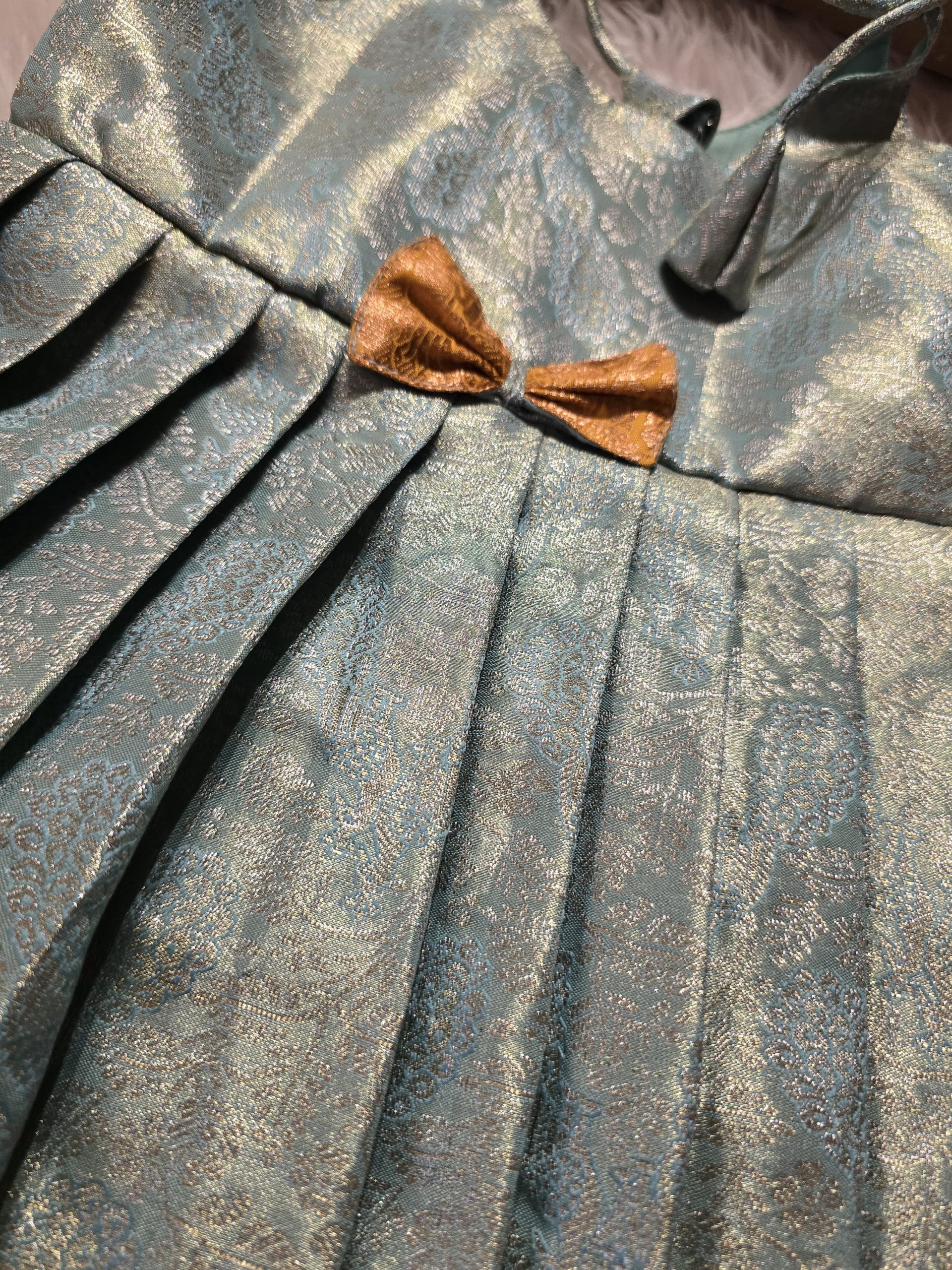 SWAYAM KIDS FROCK-TEAL ICEBLUE WITH MUSTARD YELLOW SMALL BORDER