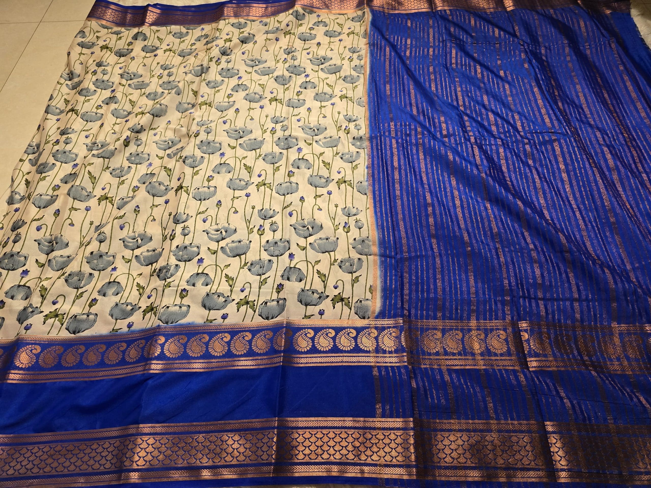 MYSORE FLORAL-DULL WHITE INK BLUE SAREE