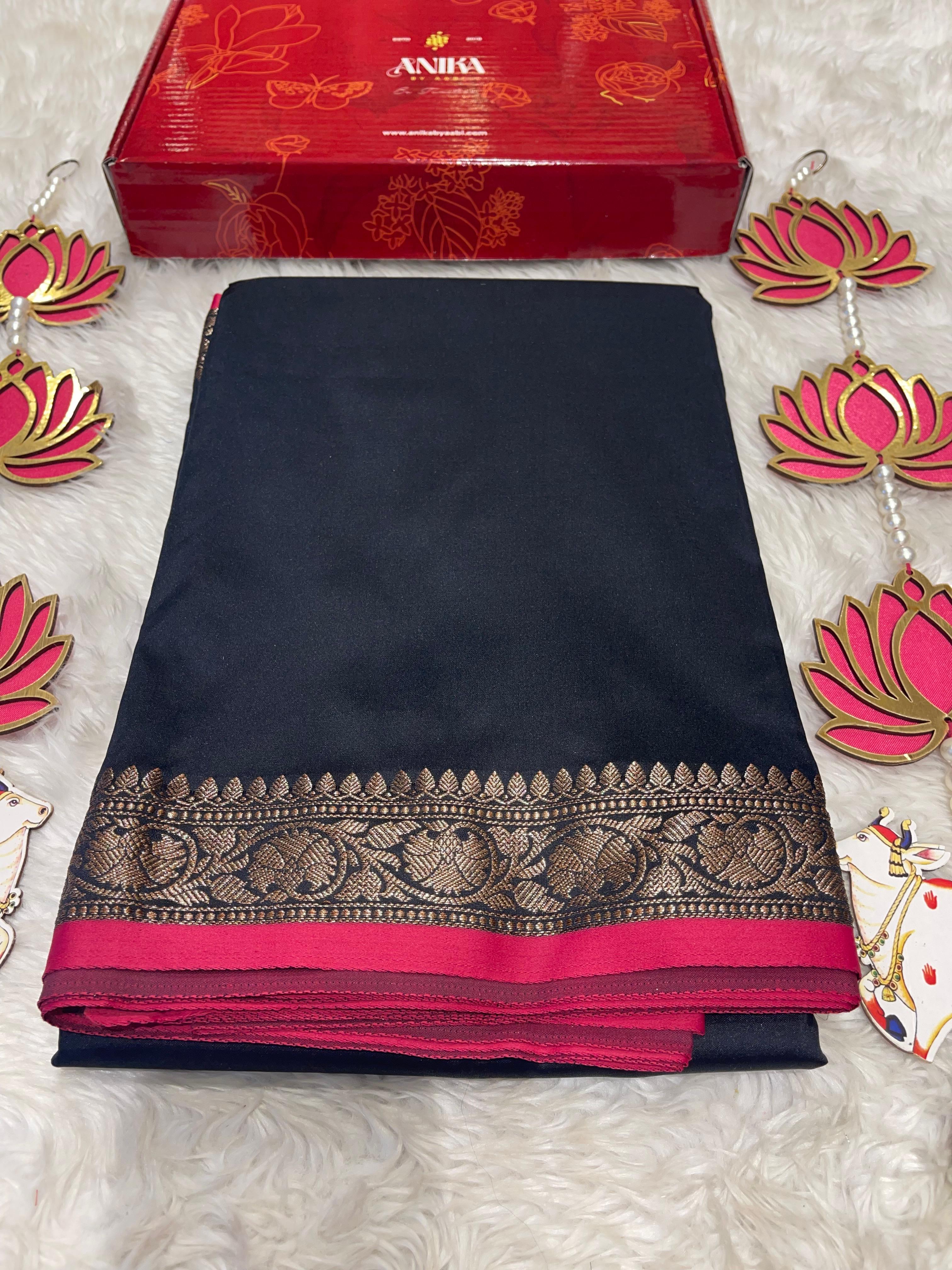 Anika's plain cotton silk Saree-black 2