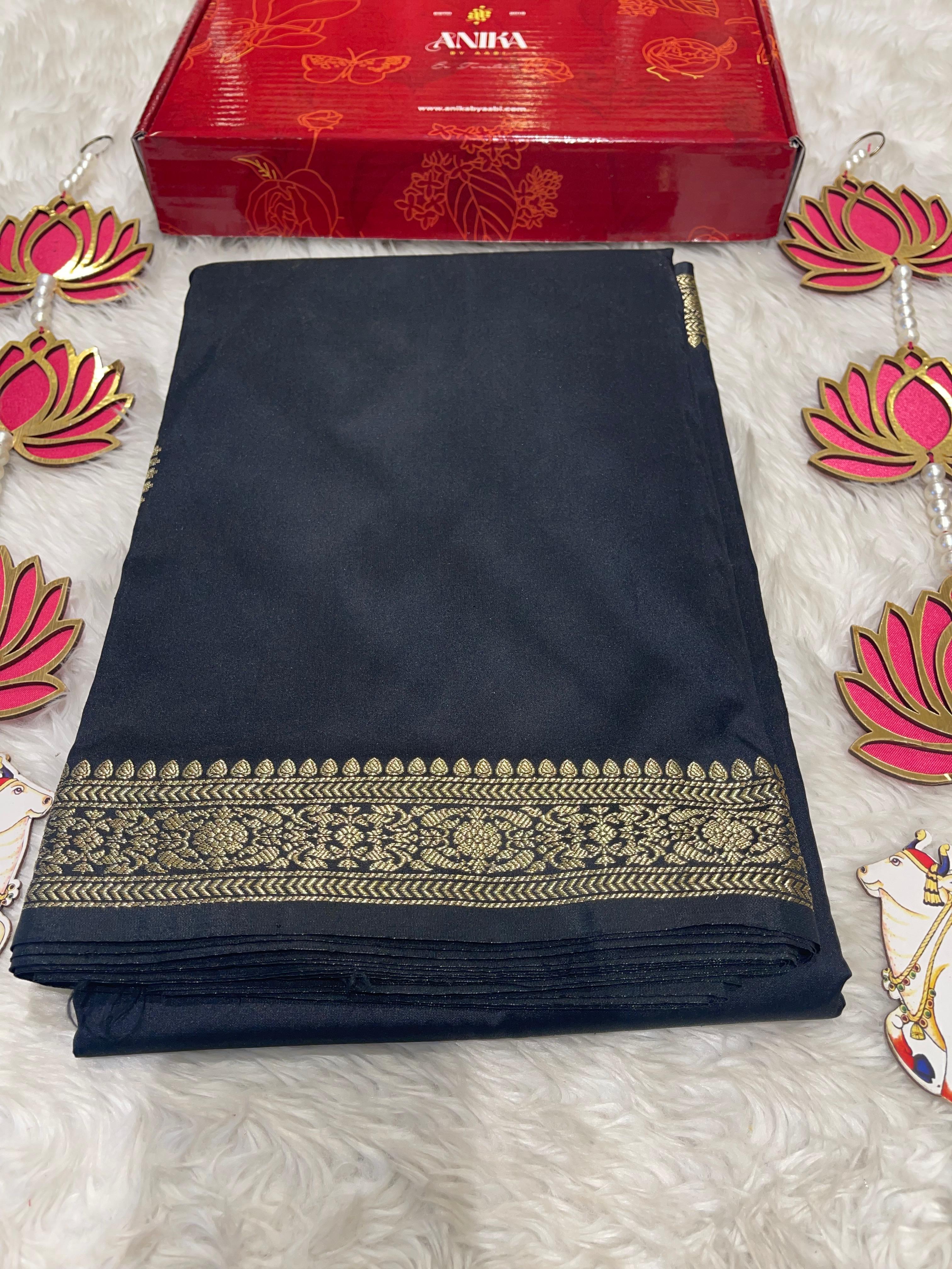 Anika's plain cotton silk Saree-black