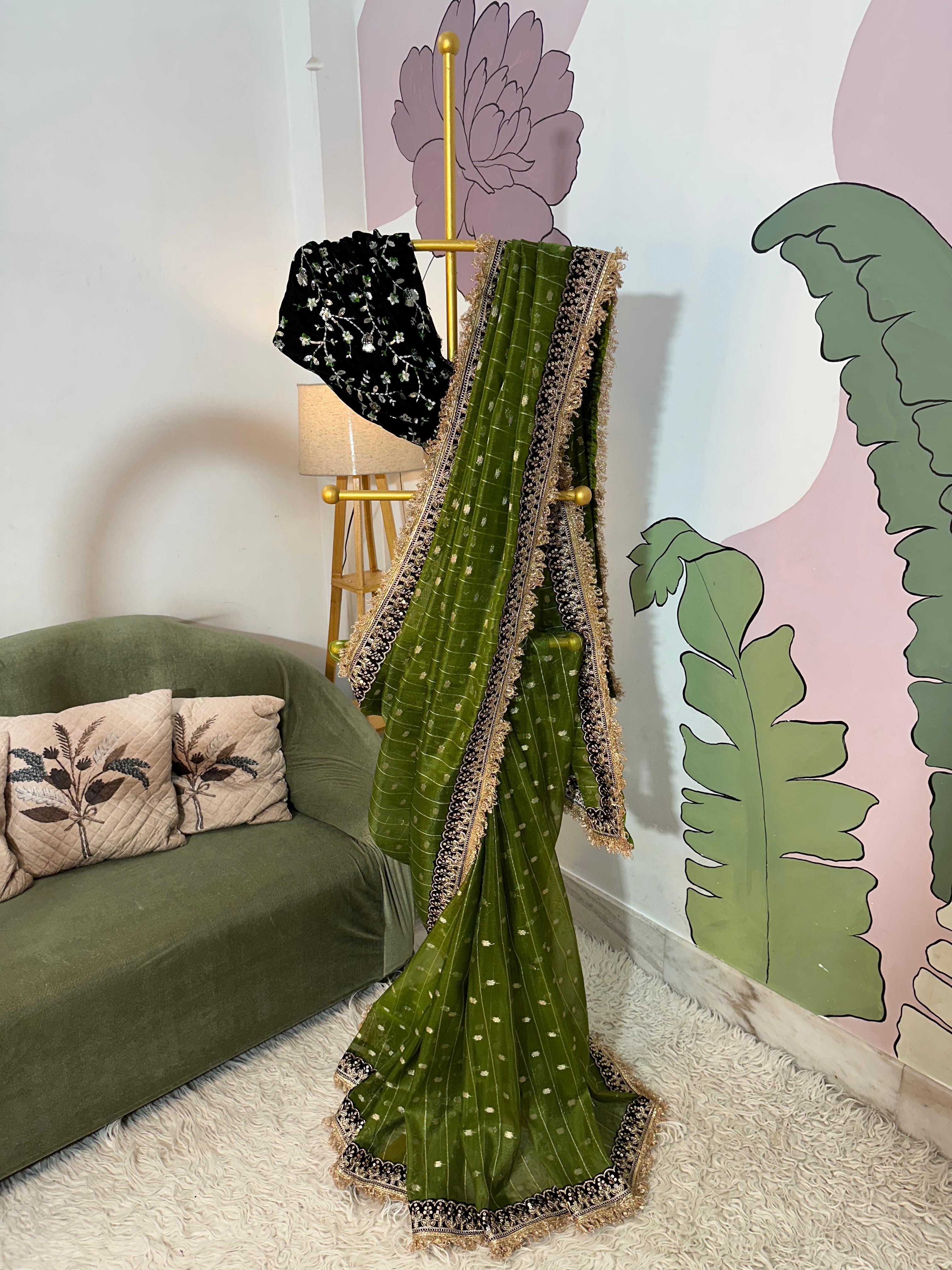 TISSUE LUXE  CHECKS SAREE -Green