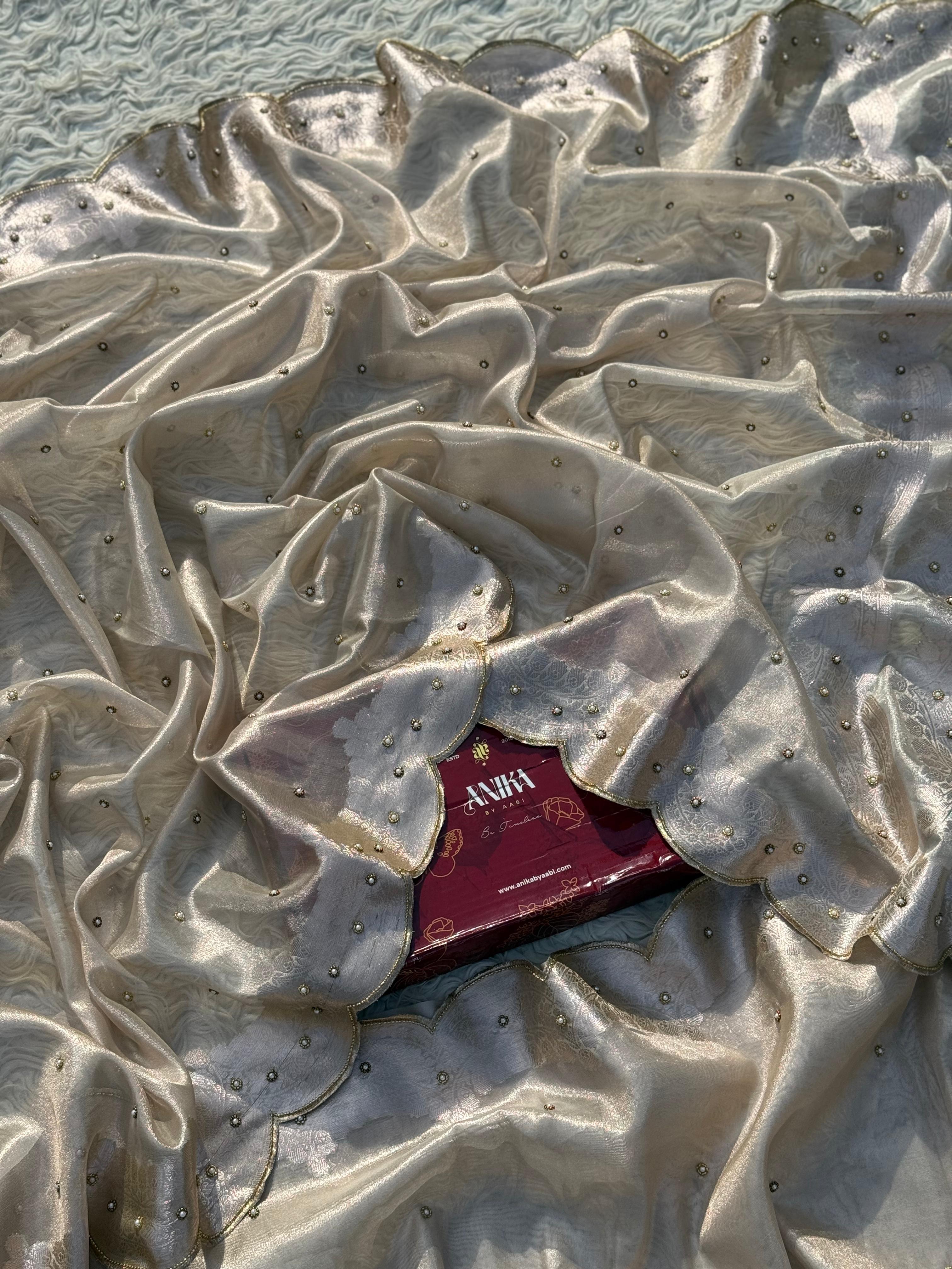 Anika's Hand work designer saree - Silver & champagne gold