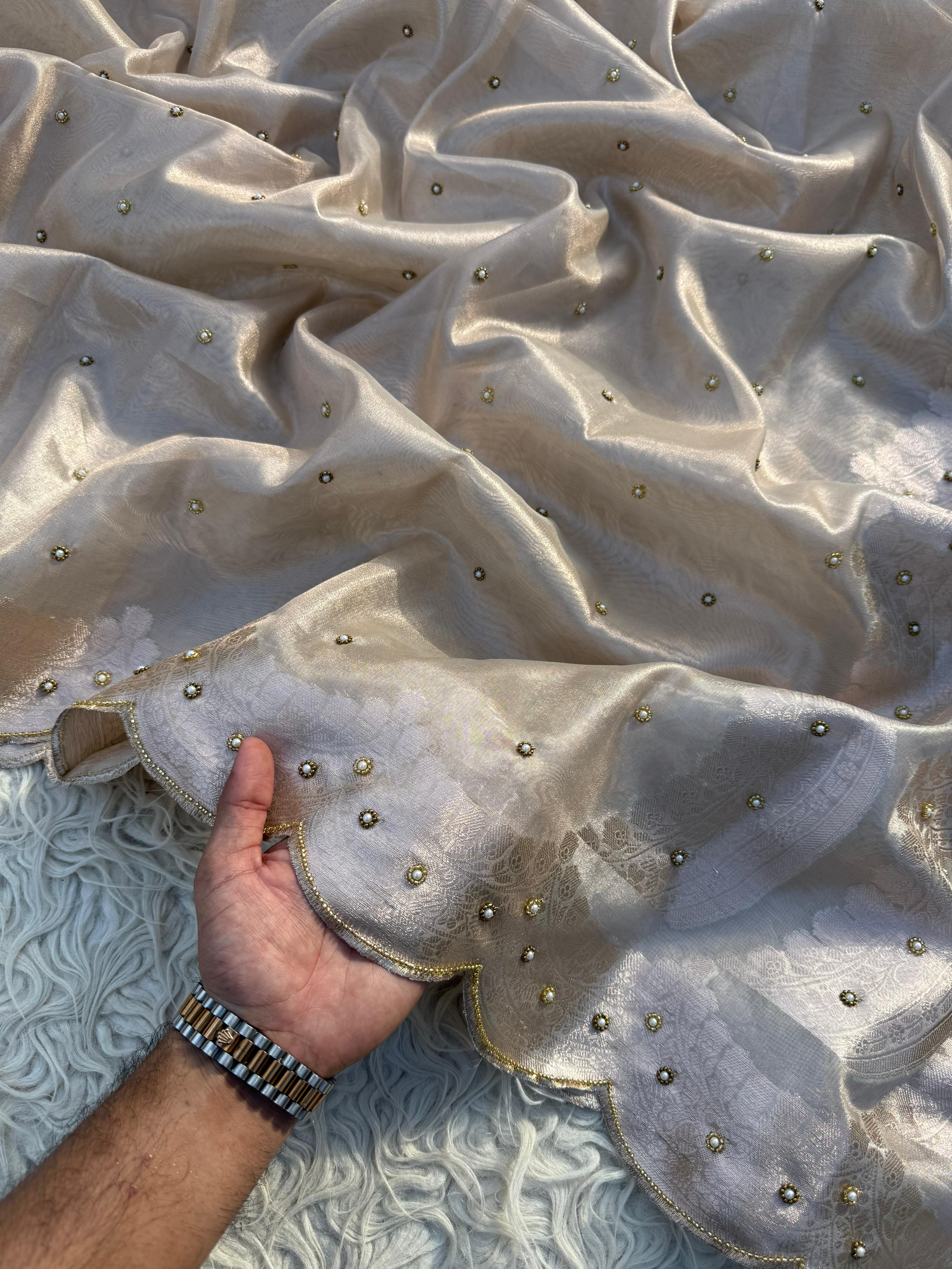 Anika's Hand work designer saree - Silver & champagne gold