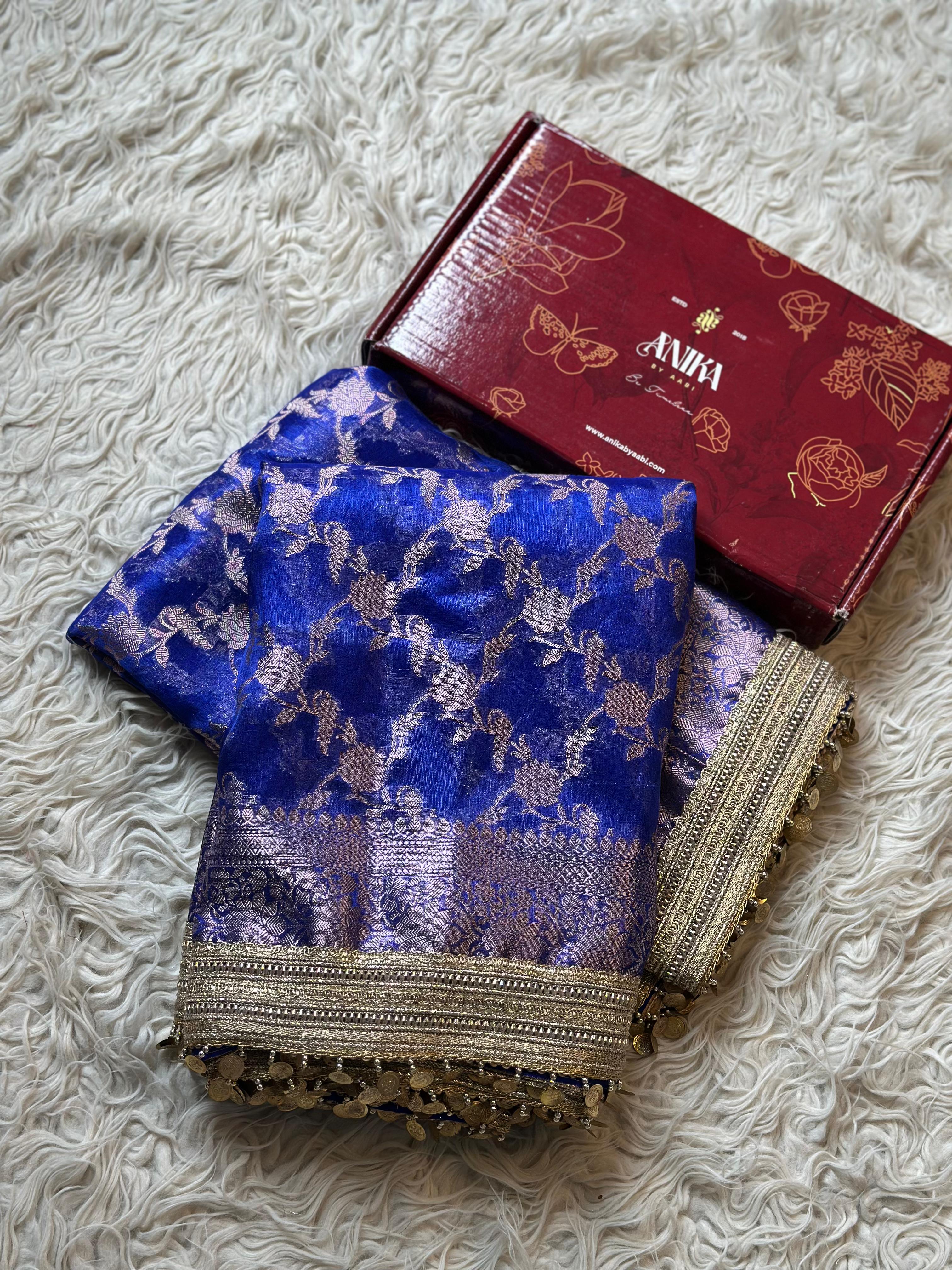 TISSUE LUXE-FLORA ROYAL BLUE  SAREE