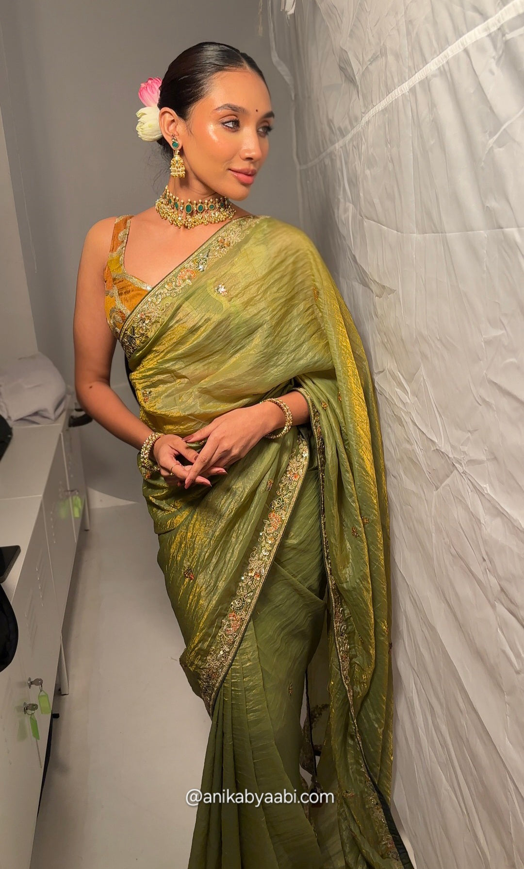 Anika's olive Green Designer Saree -Anaya Festive Edit A21