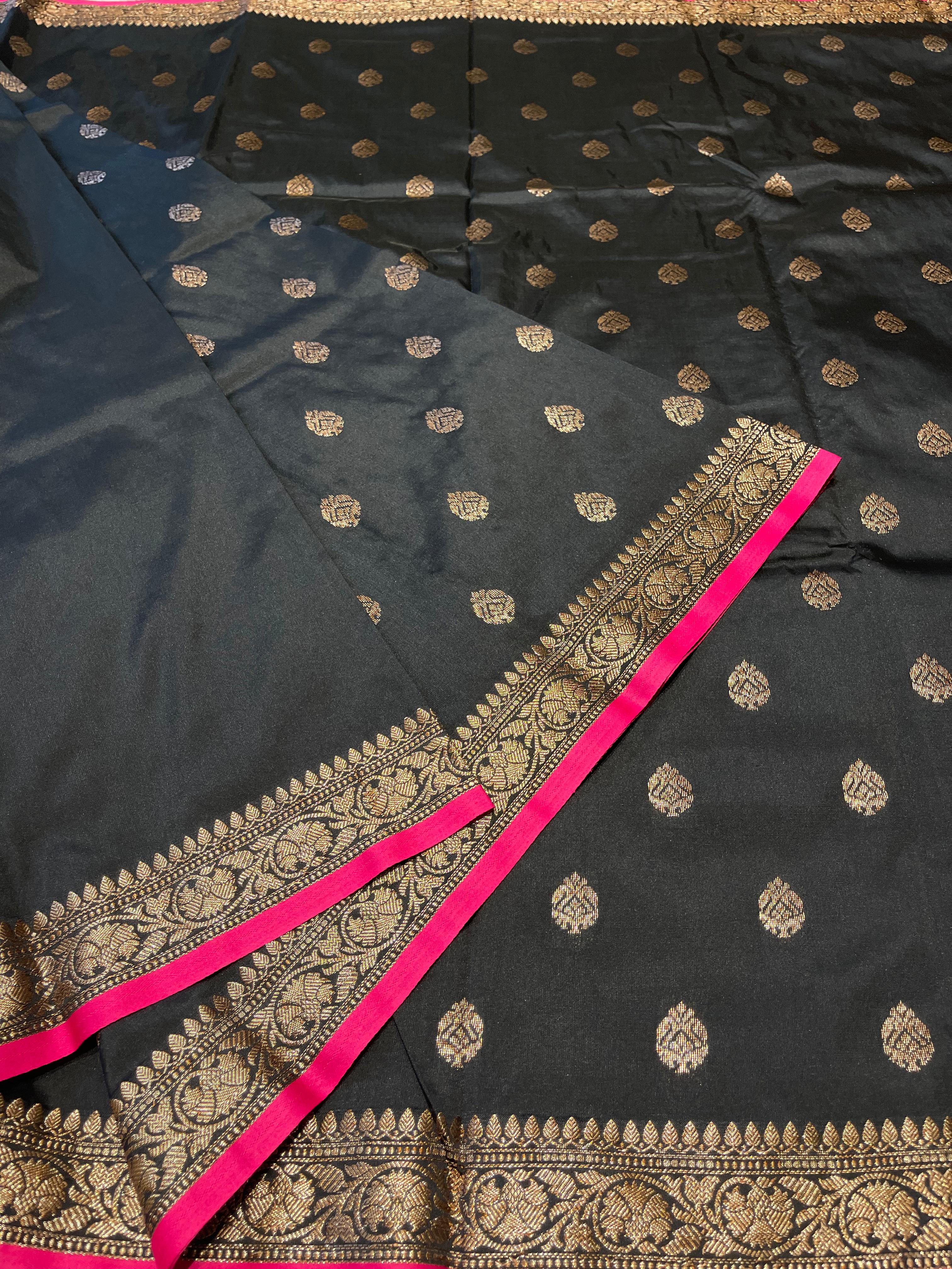 Anika's cotton silk Saree -Black pink butta