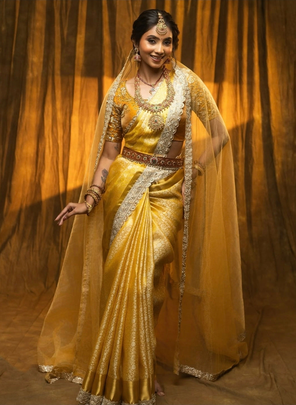 Tissue luxe - Banarasi Brocade silk saree in golden yellow with lace