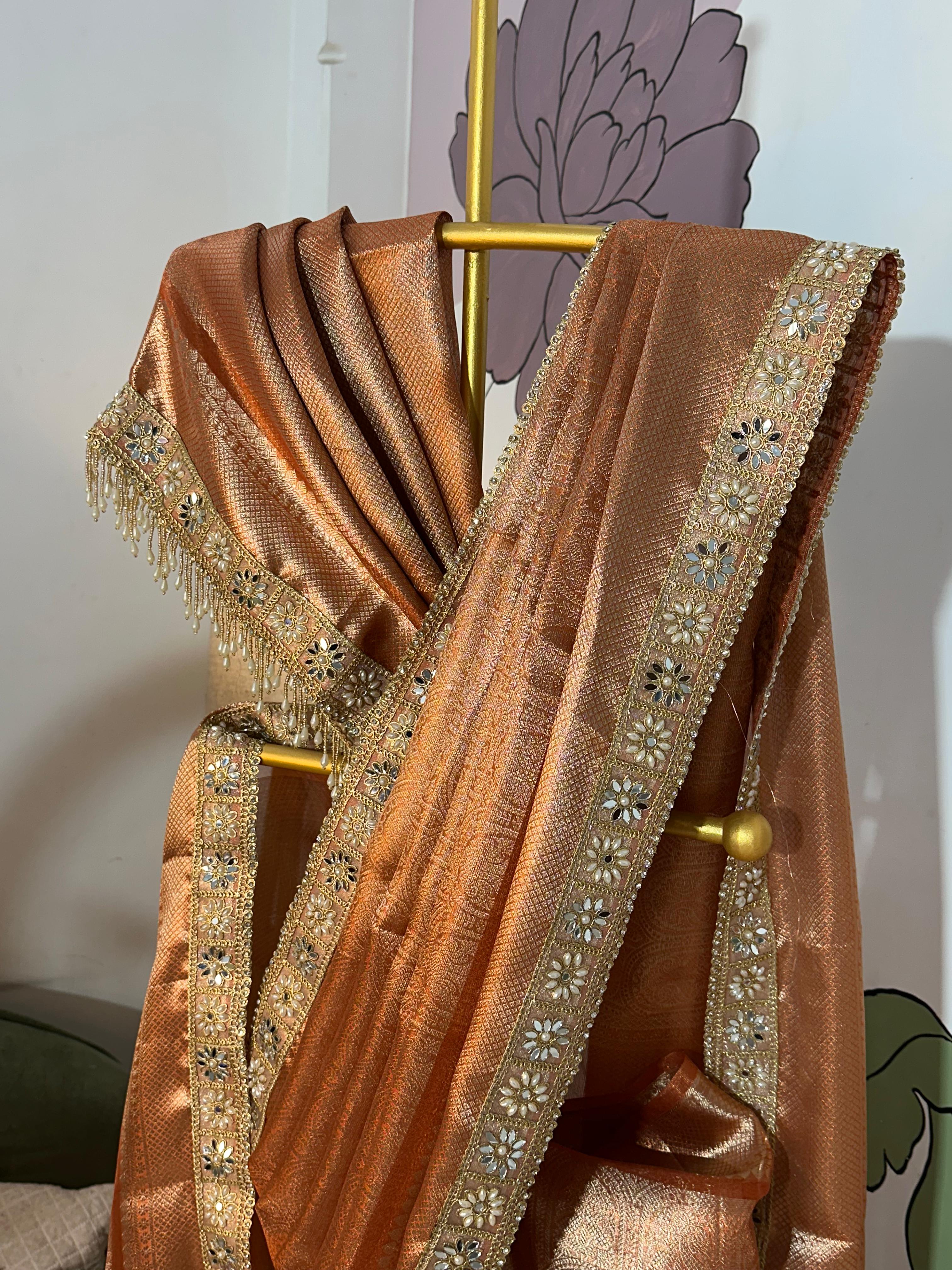 Anika's Banarasi Tissue Brocade silk saree | Sunset Orange | MARGAZHI