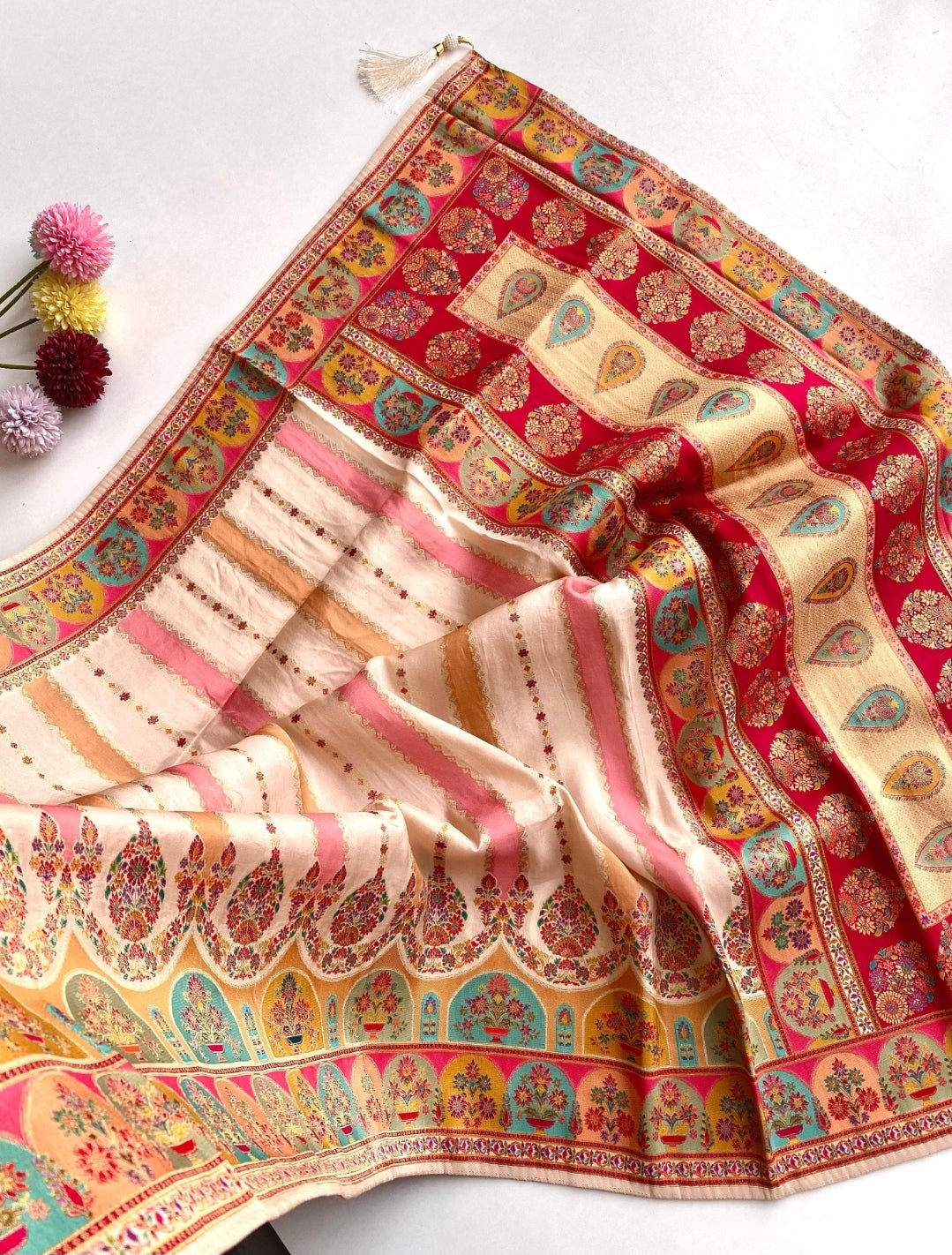 ANIKA'S BRIDAL EDIT - IVORY MULTICOLOUR KASHMIRI SAREE