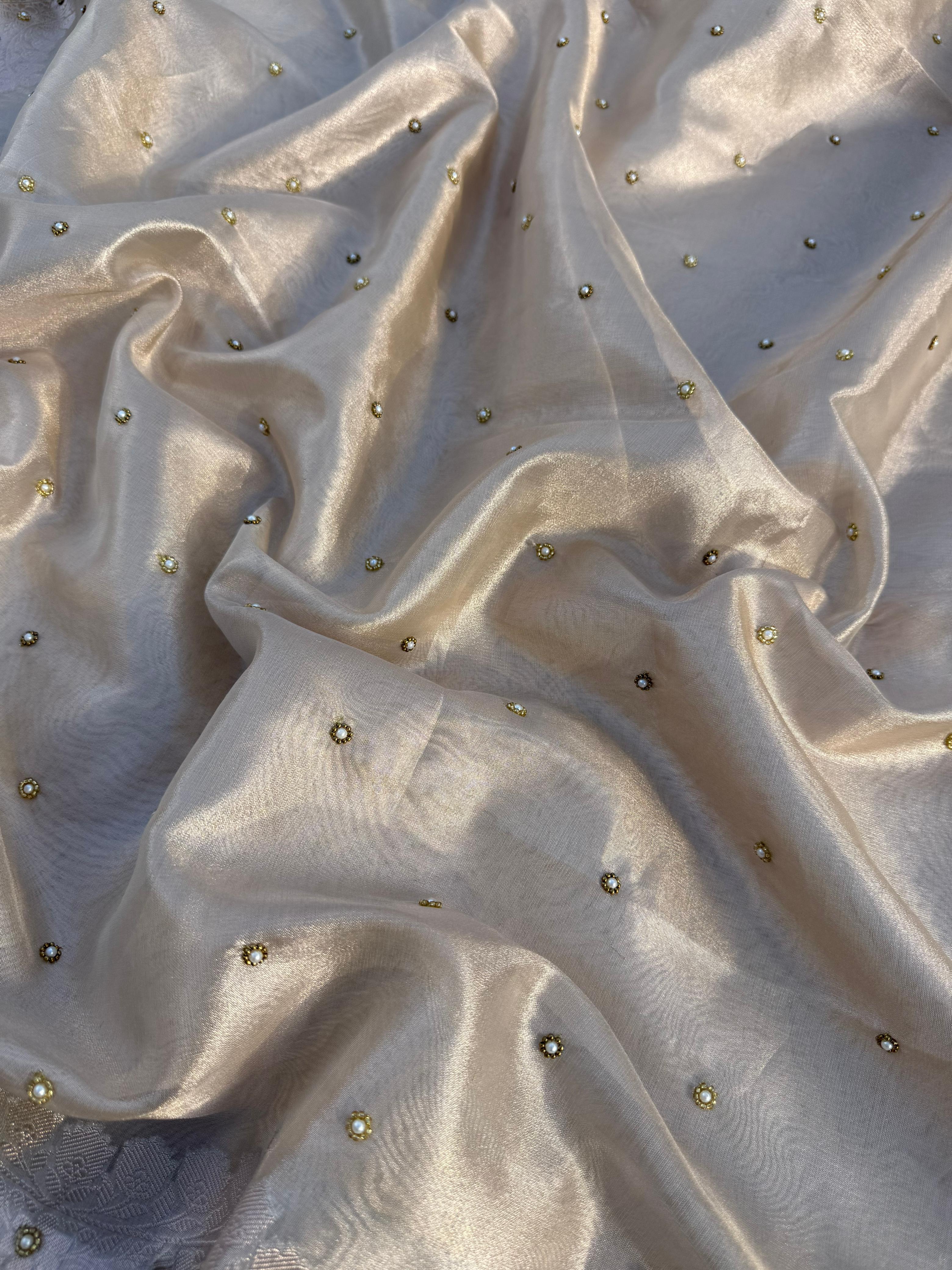 Anika's Hand work designer saree - Silver & champagne gold