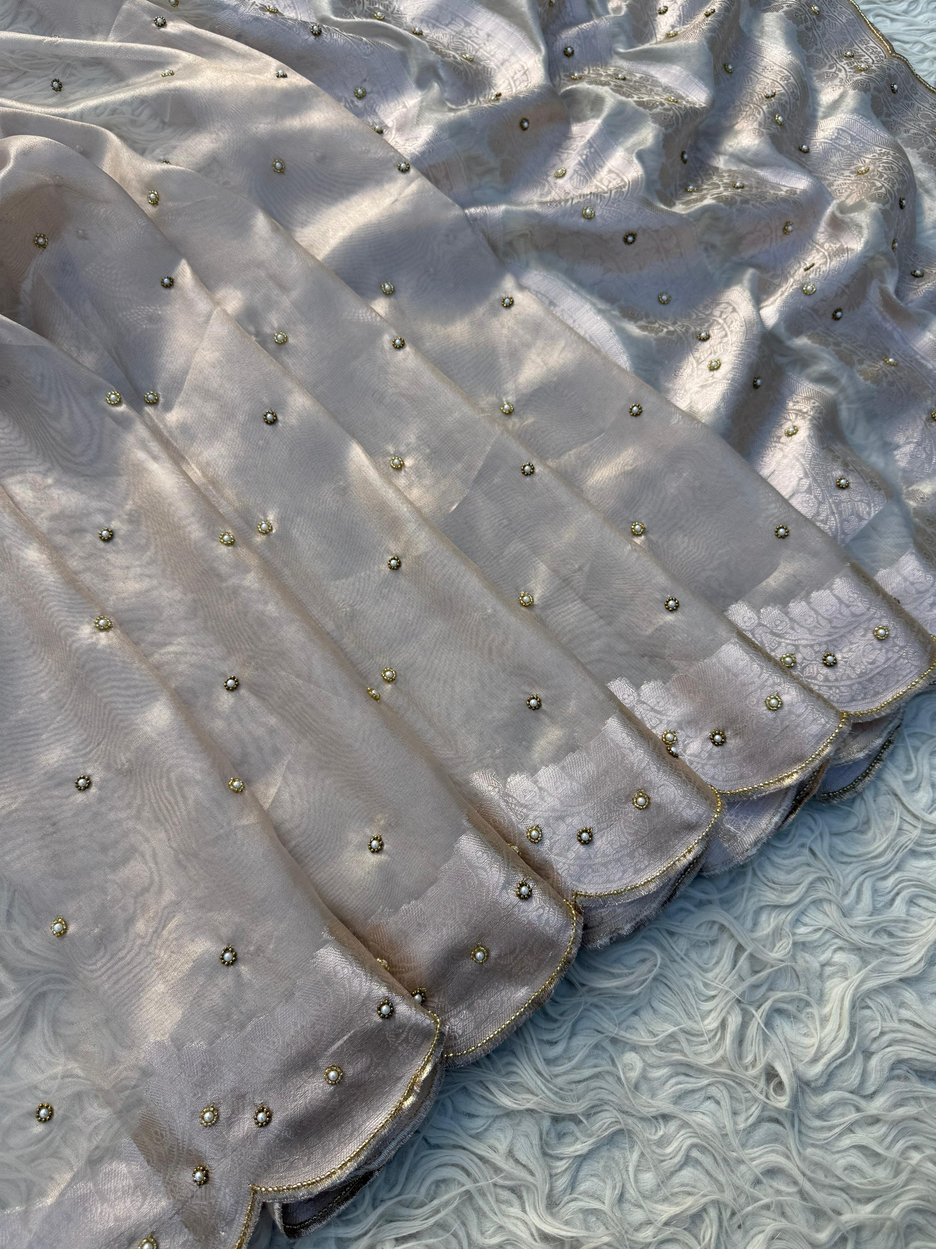 Anika's Hand work designer saree - Silver & champagne gold