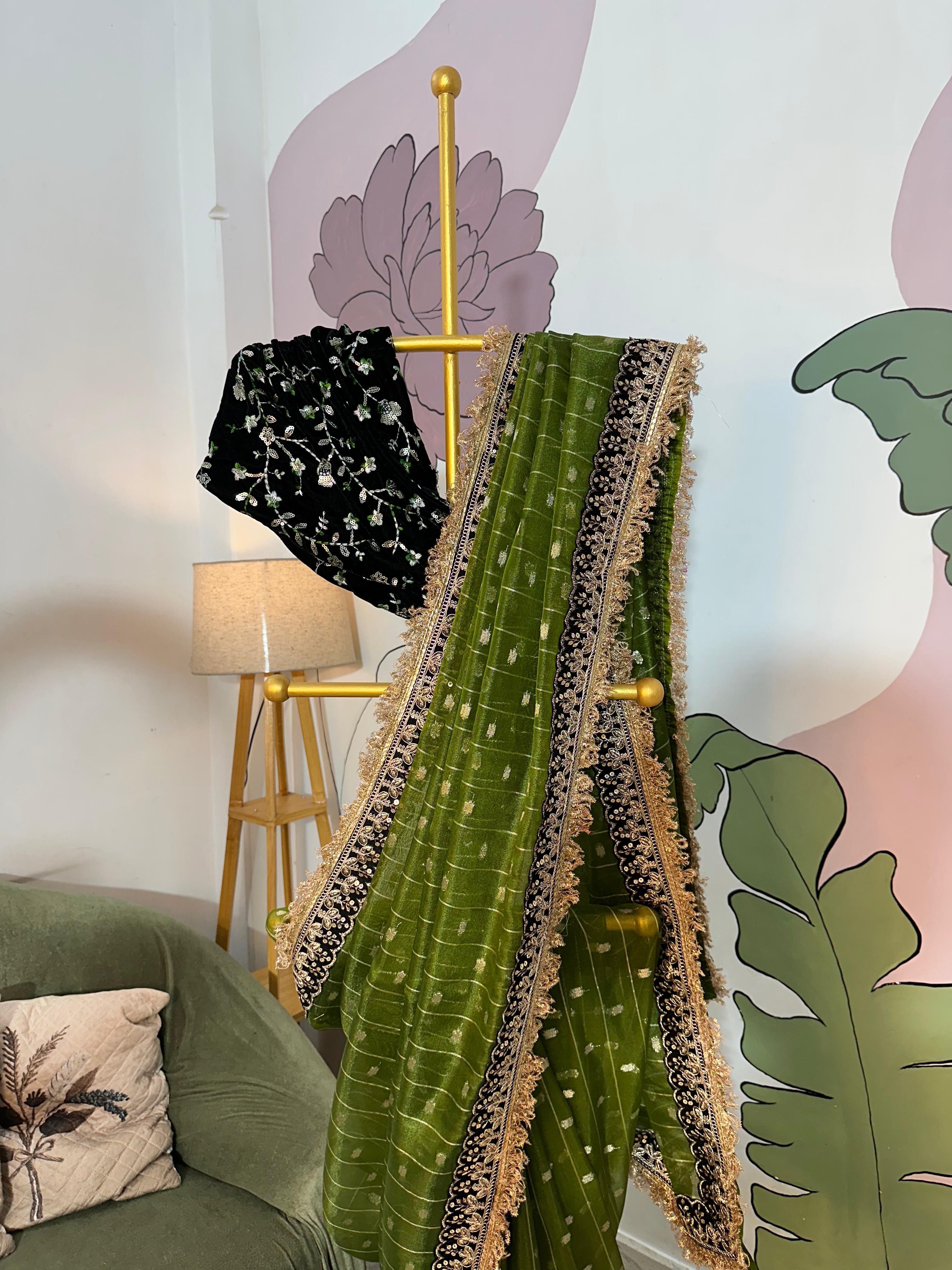 TISSUE LUXE  CHECKS SAREE -Green