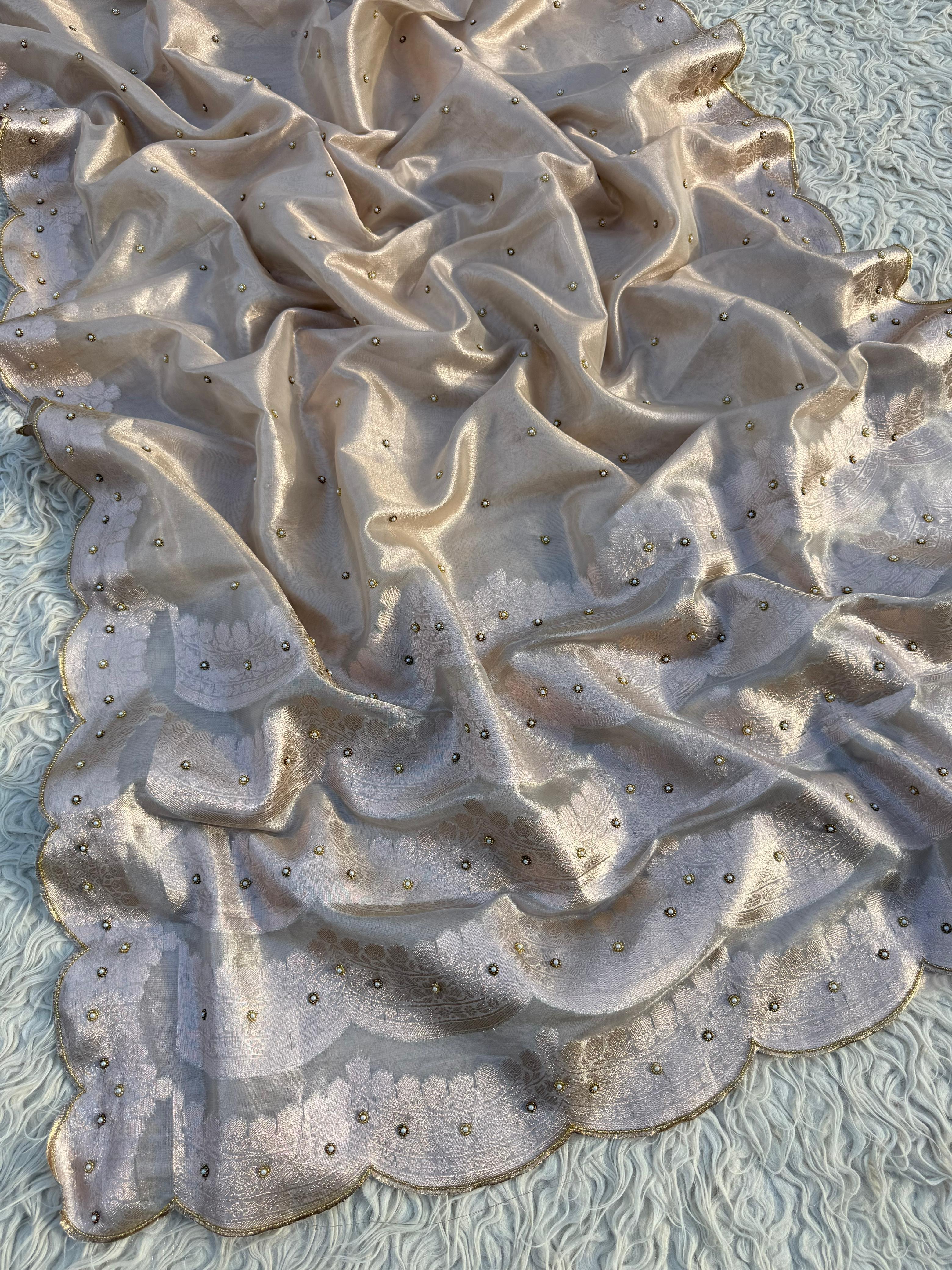 Anika's Hand work designer saree - Silver & champagne gold