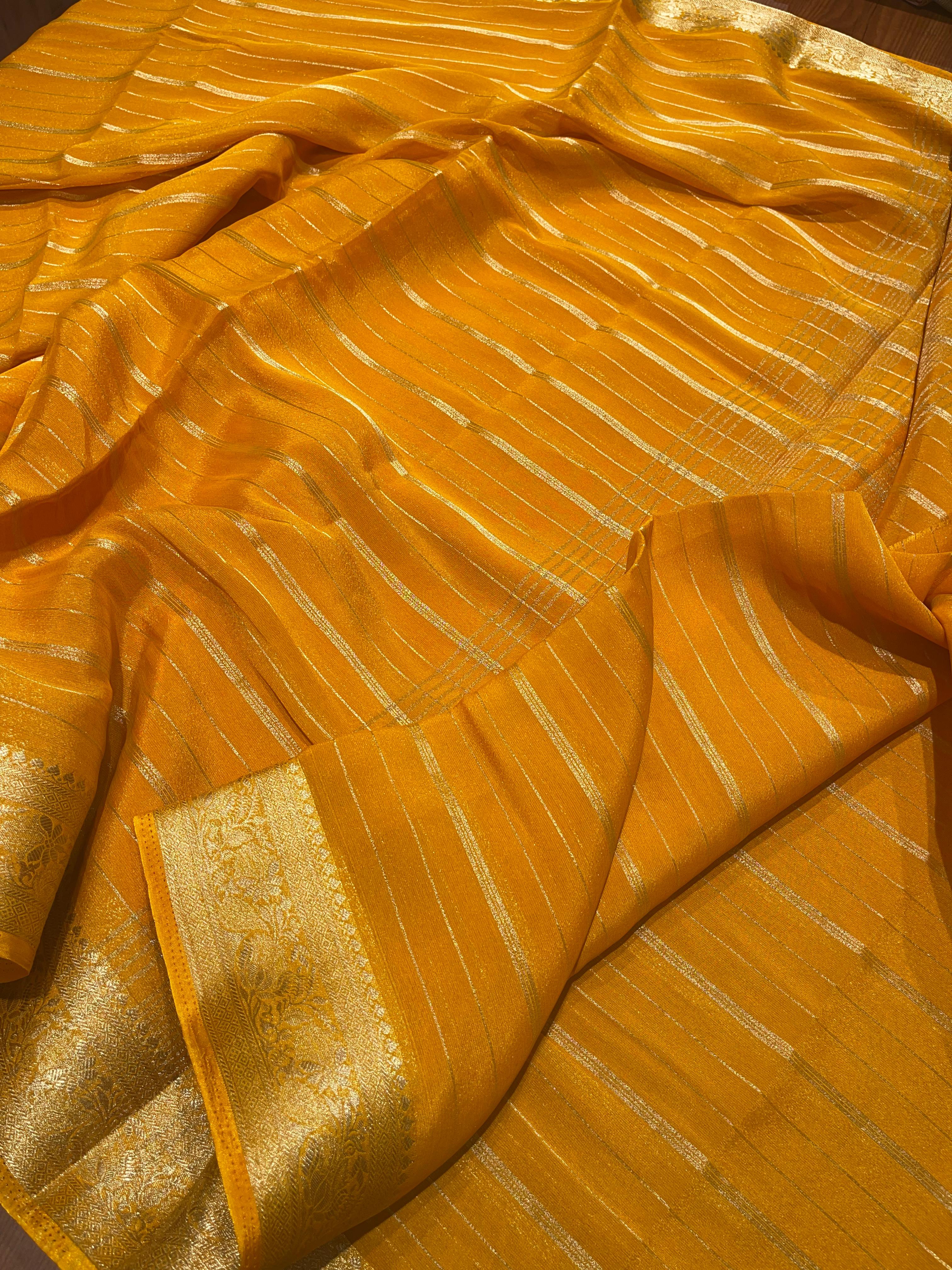 Anika's banarasi Chiffon silk saree -dark yellow
