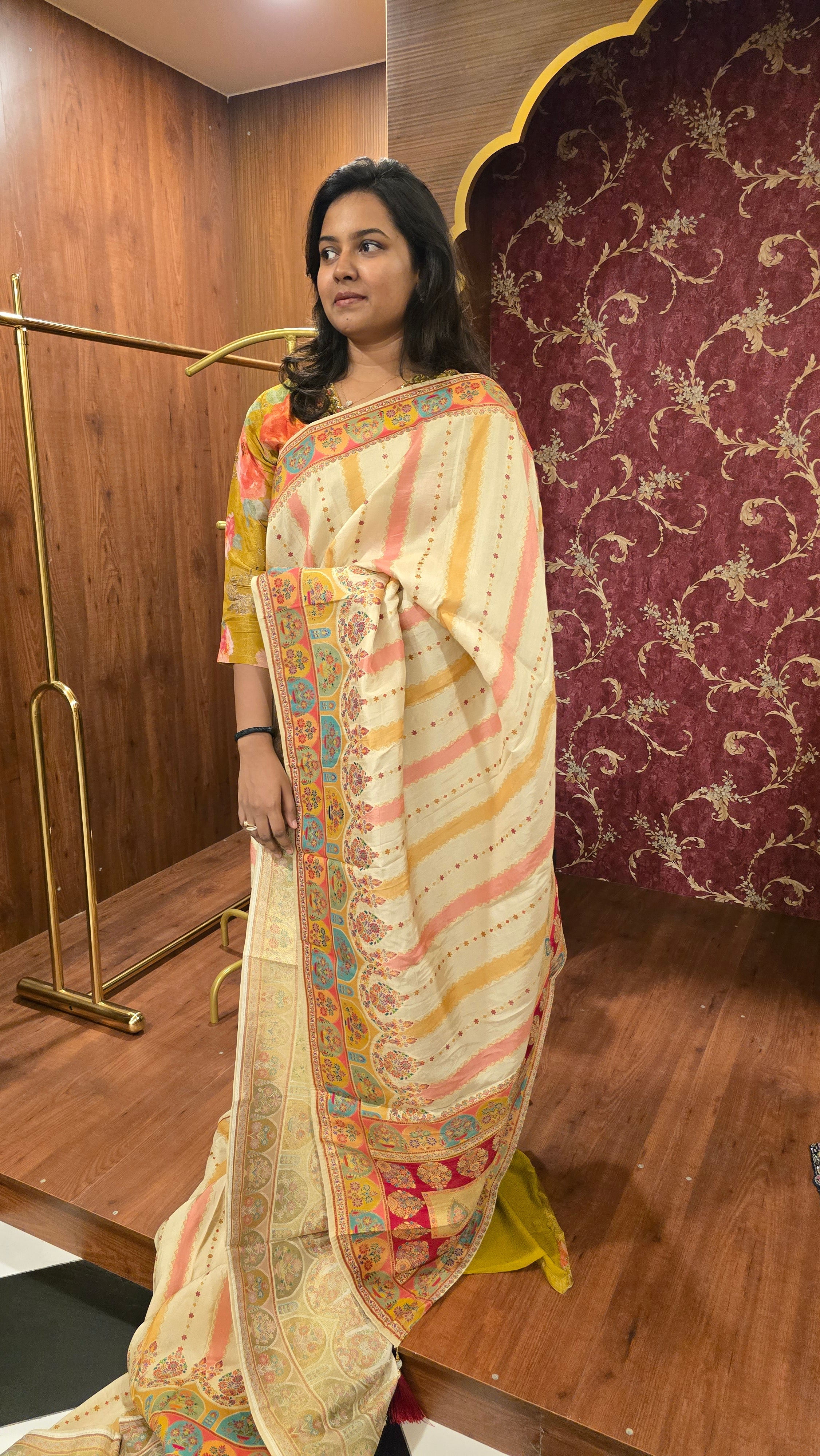 ANIKA'S BRIDAL EDIT - IVORY MULTICOLOUR KASHMIRI SAREE