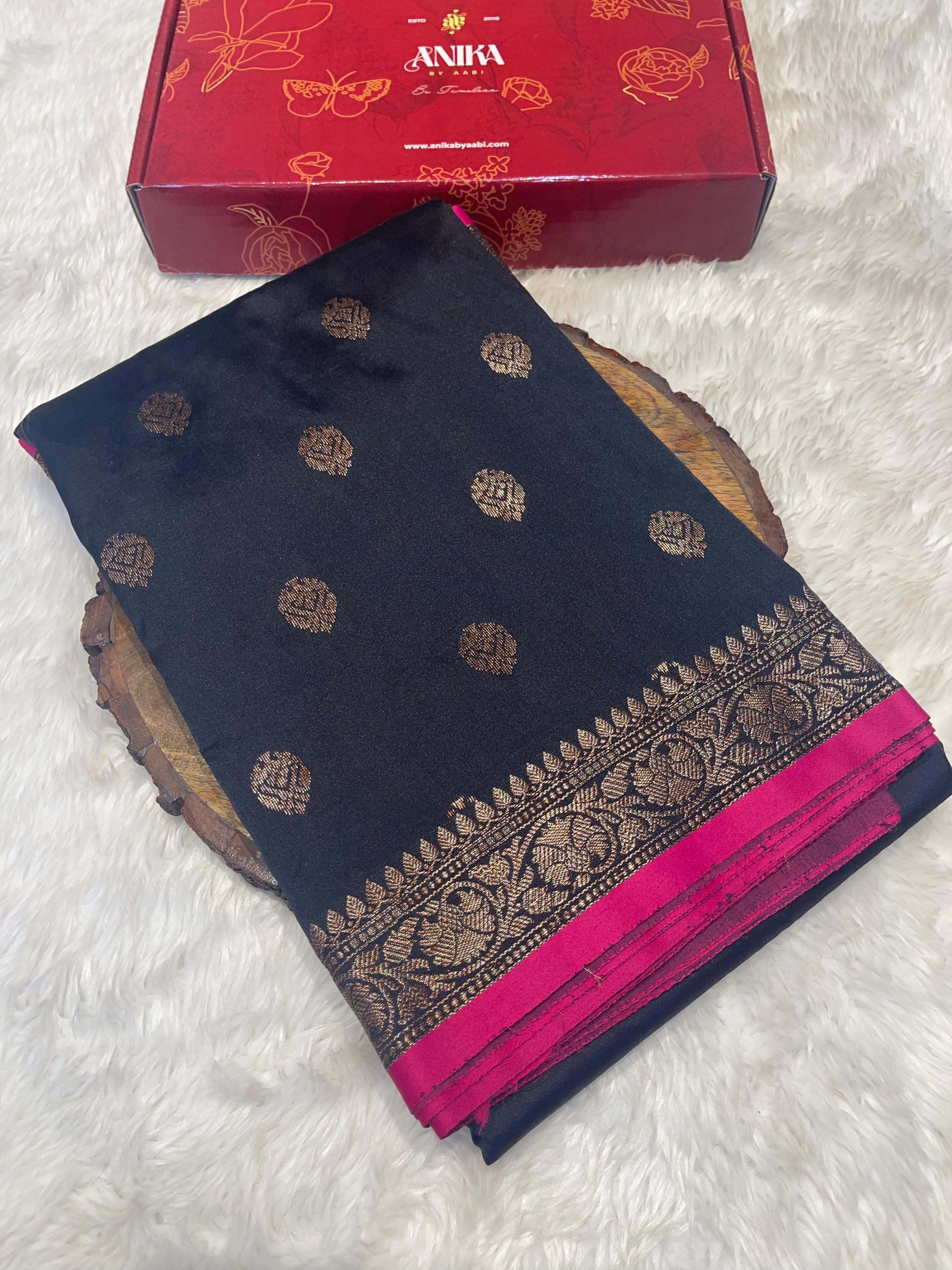 Anika's cotton silk Saree -Black pink butta
