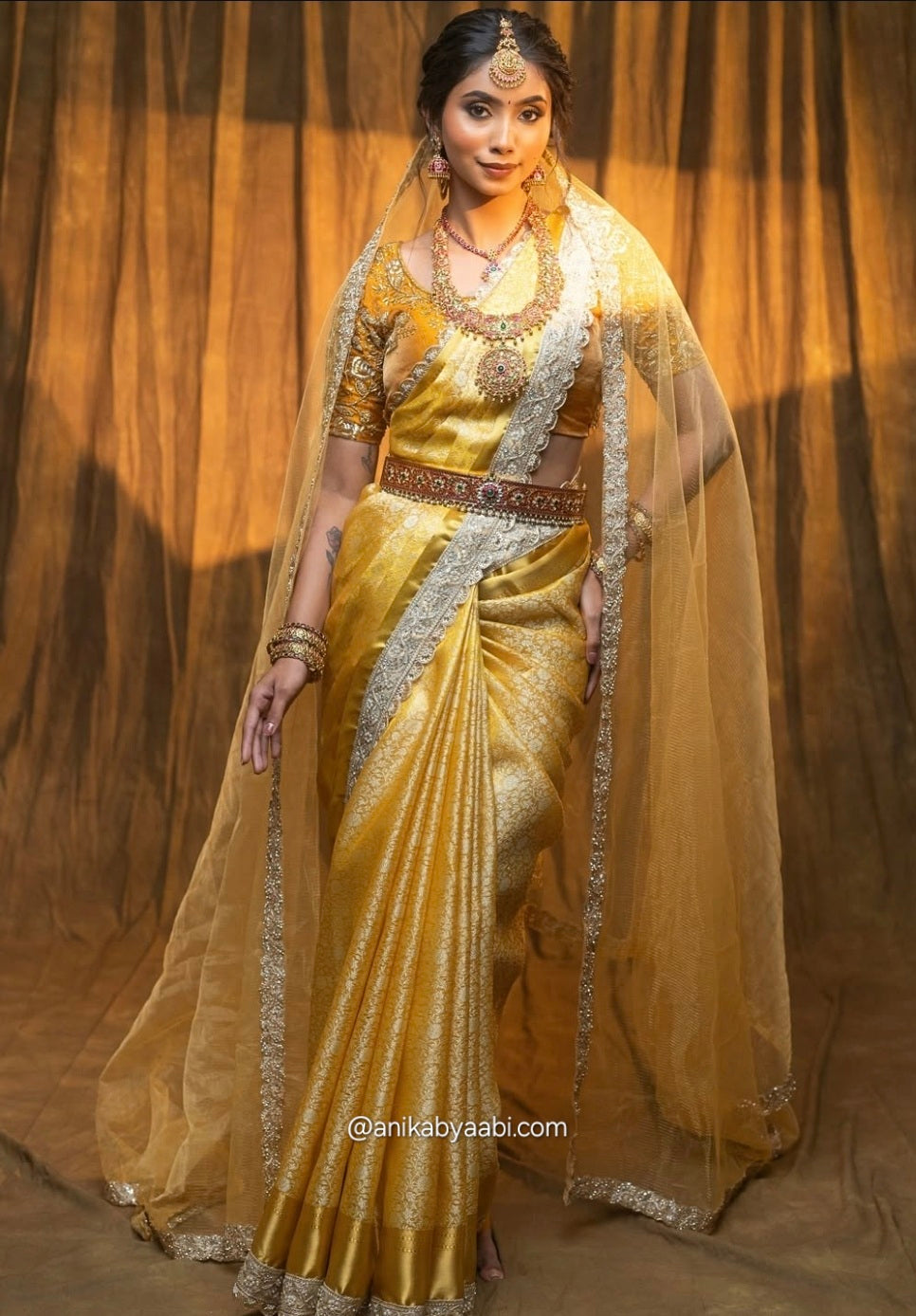 Tissue luxe - Banarasi Brocade silk saree in golden yellow with lace