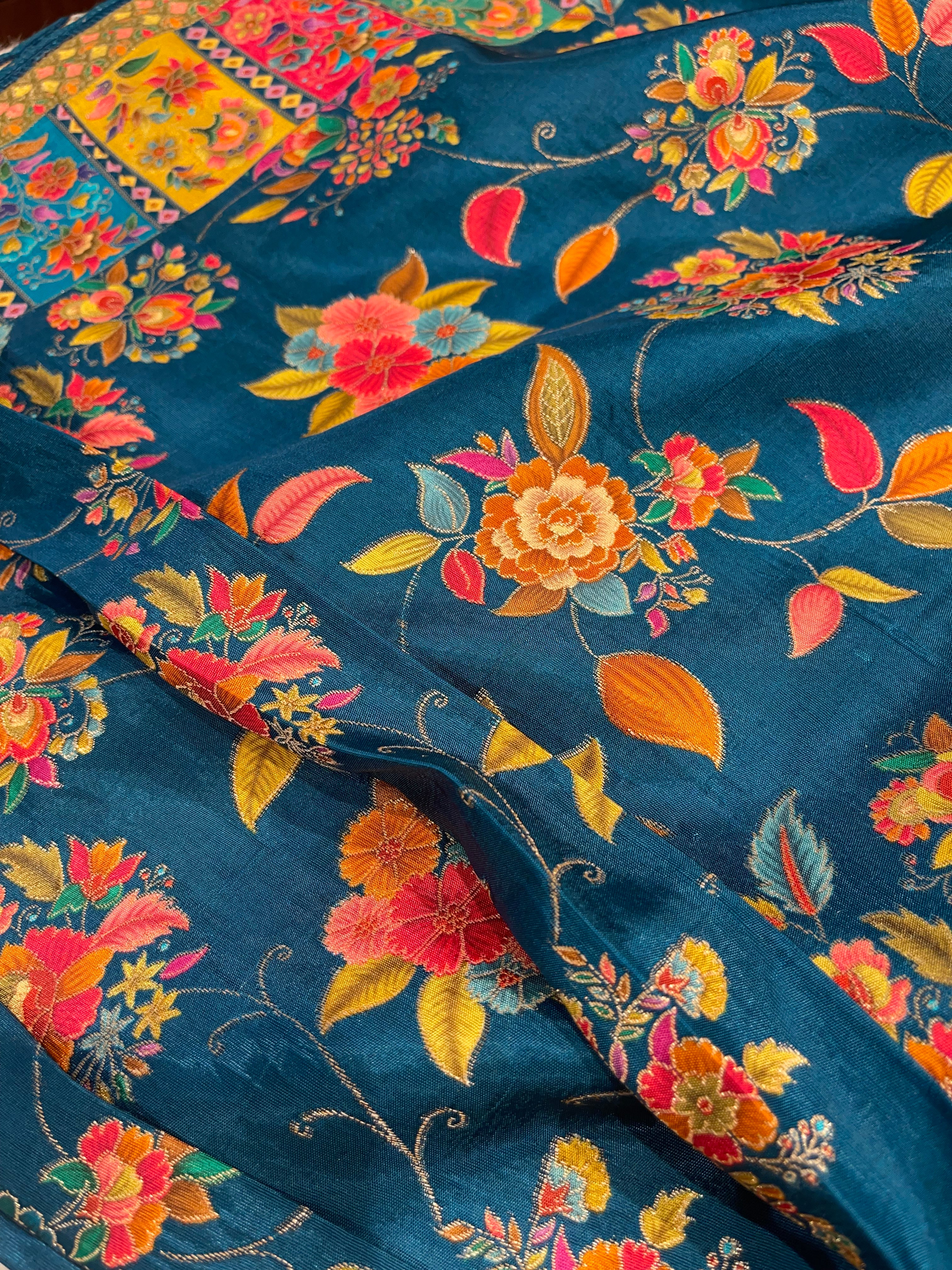 Pashmina Silk saree - Blue floral delight PS08