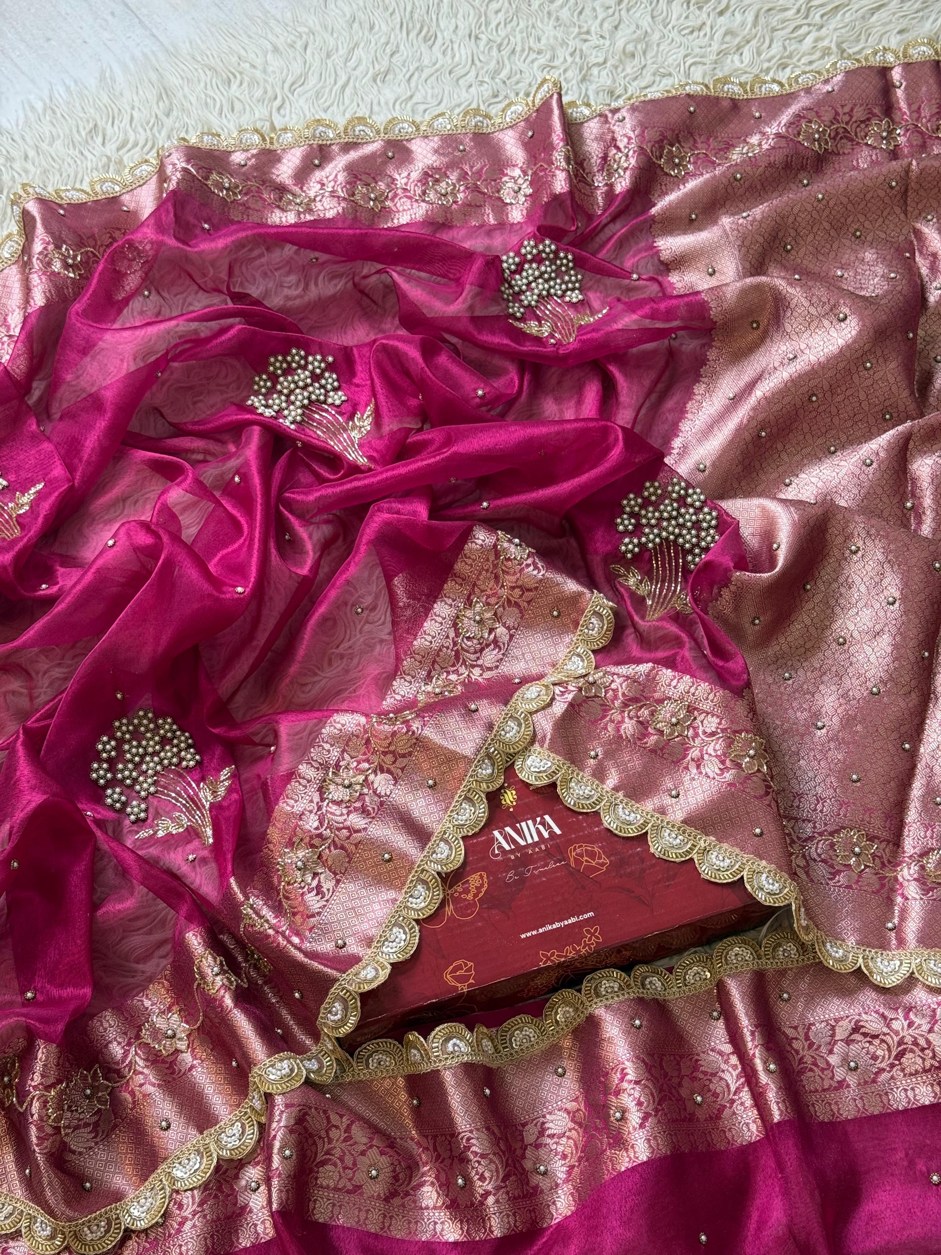 Ranipink Banarasi Tissue silk saree with Handwork & Lace - Tissue Luxe