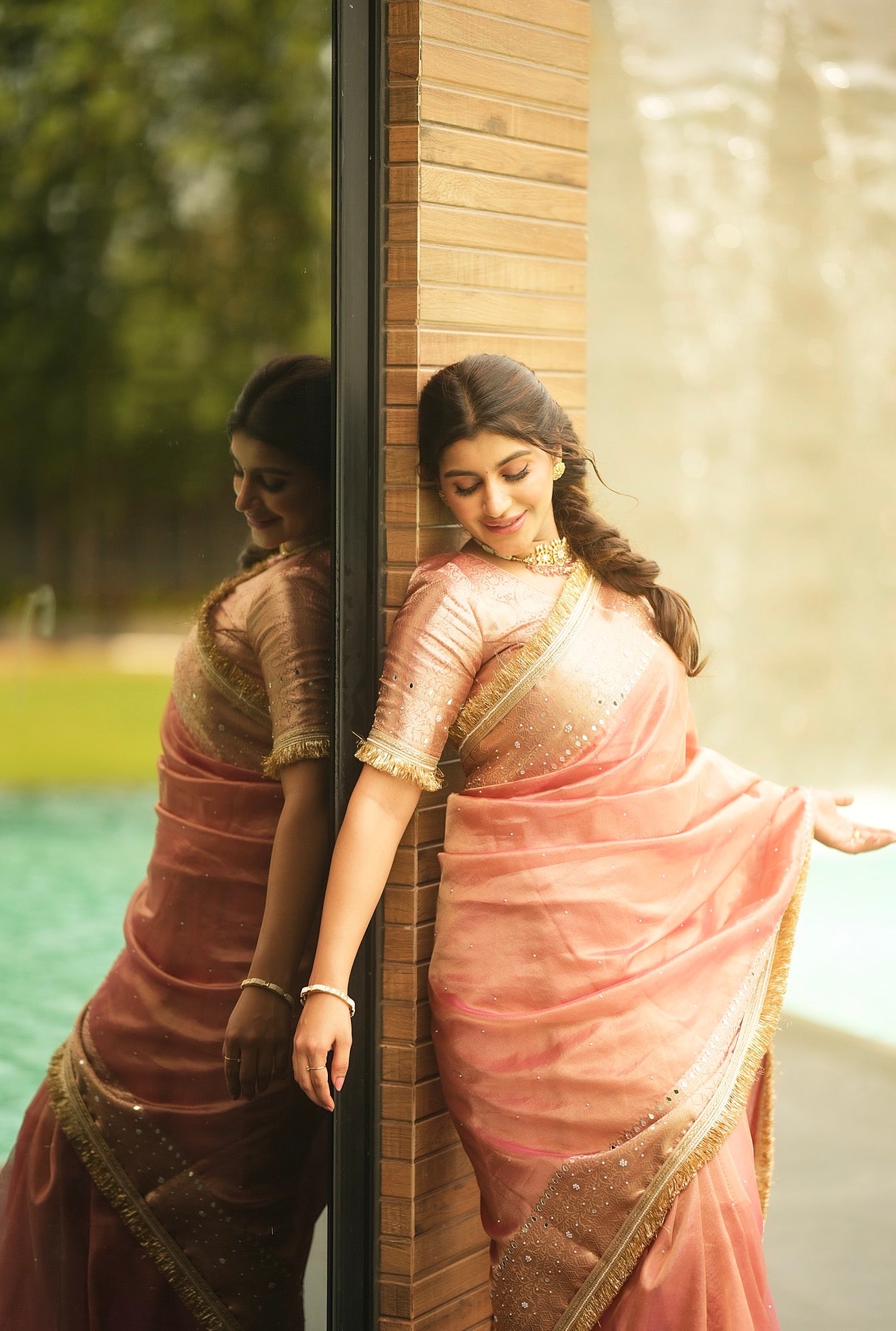 Pink Banarasi Tissue silk saree with mirror work and lace - YASHI