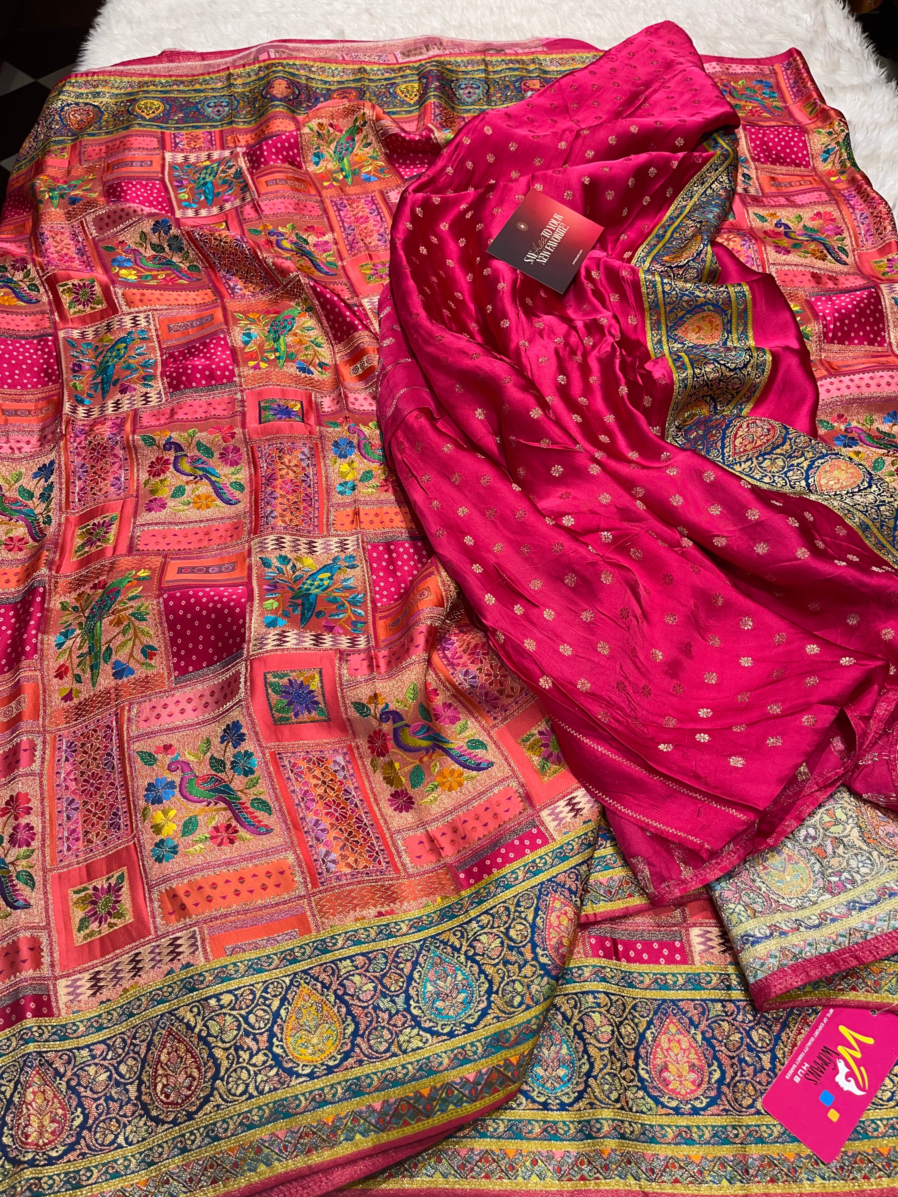 Pashmina silk saree - Pink Multi colour  PS06