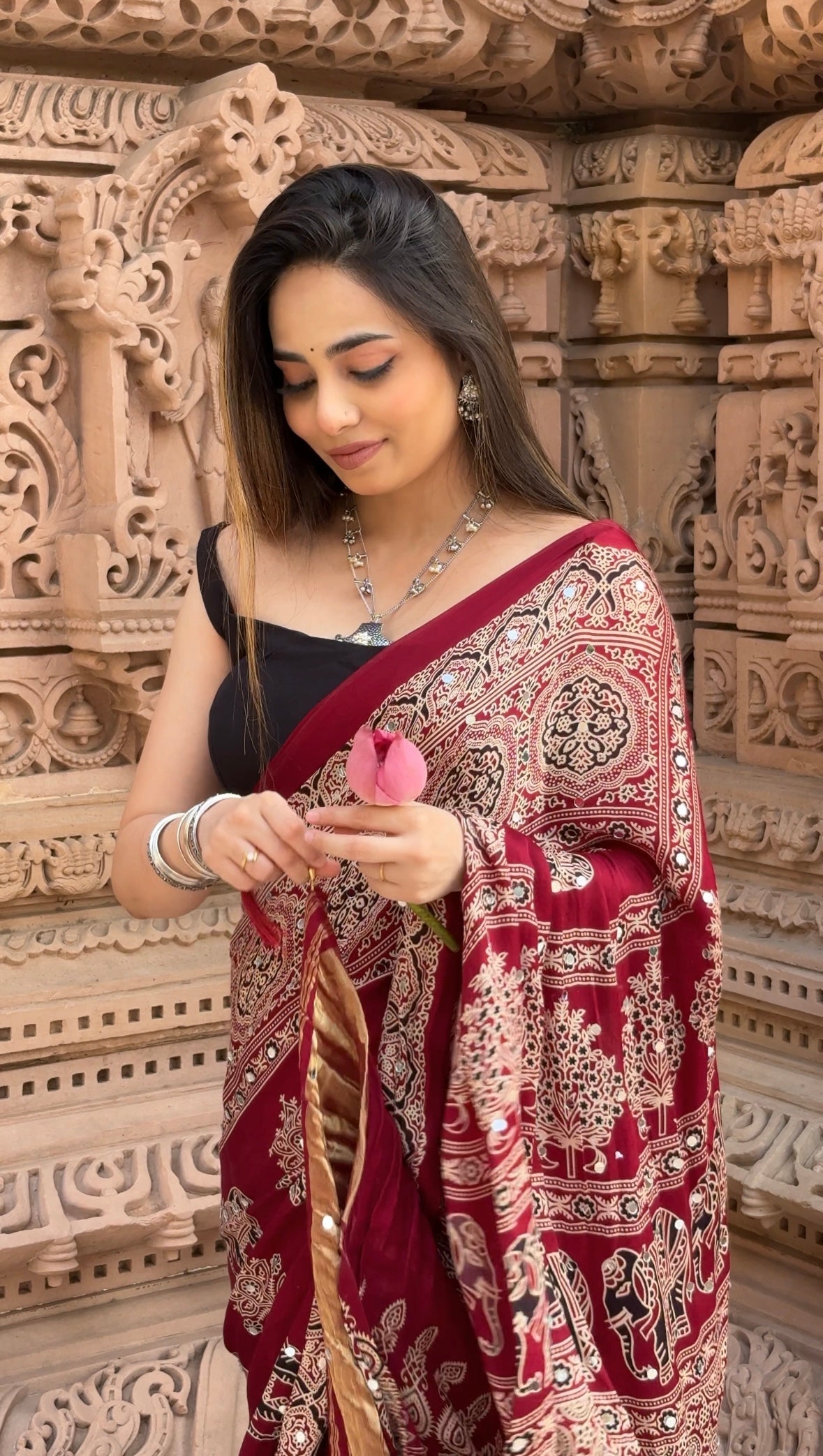 Ajrakh Special Edit Modal silk saree  - Maroon MS01
