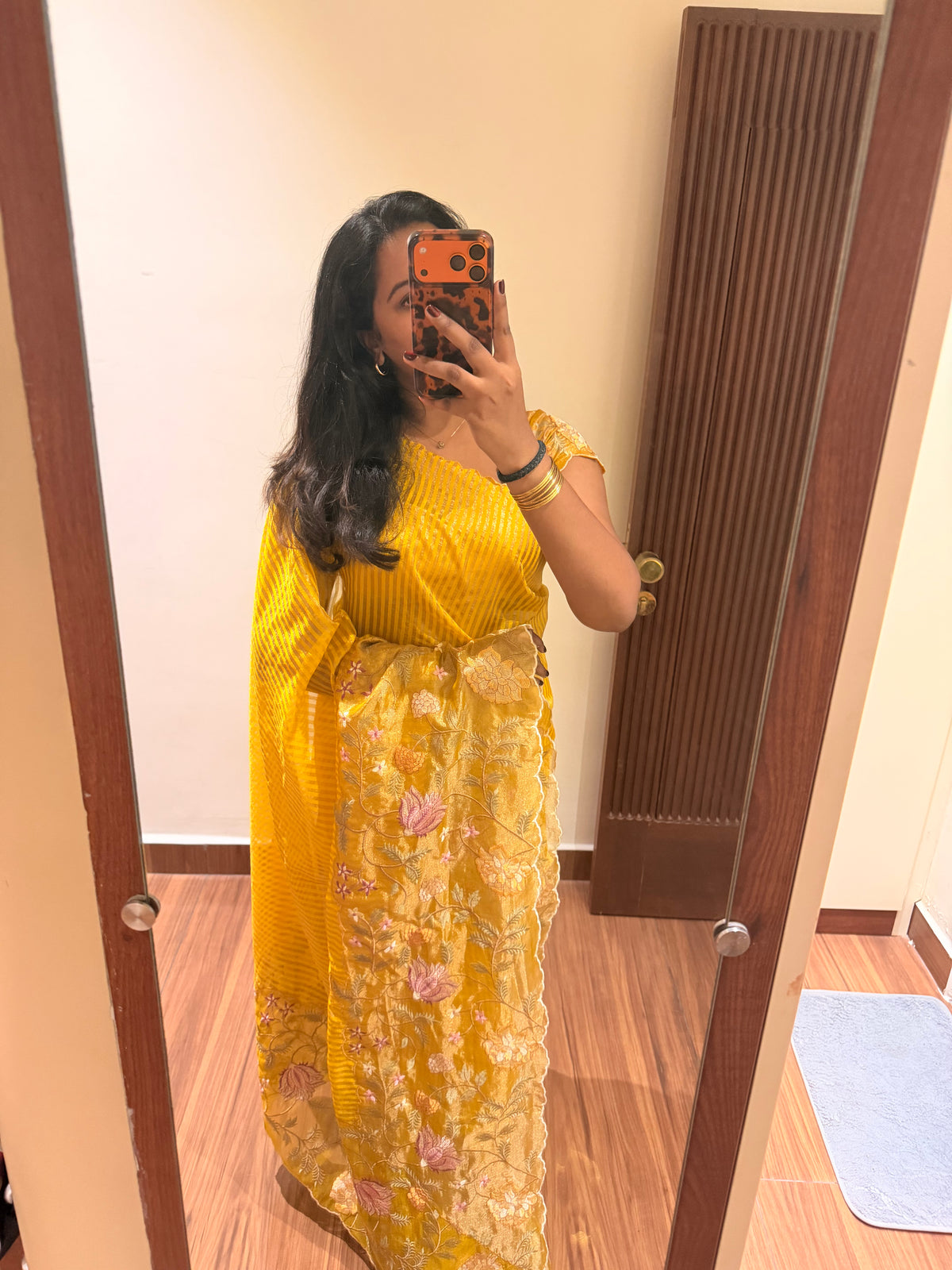 Yellow Tissue Cutwork Floral Border Saree- AC01