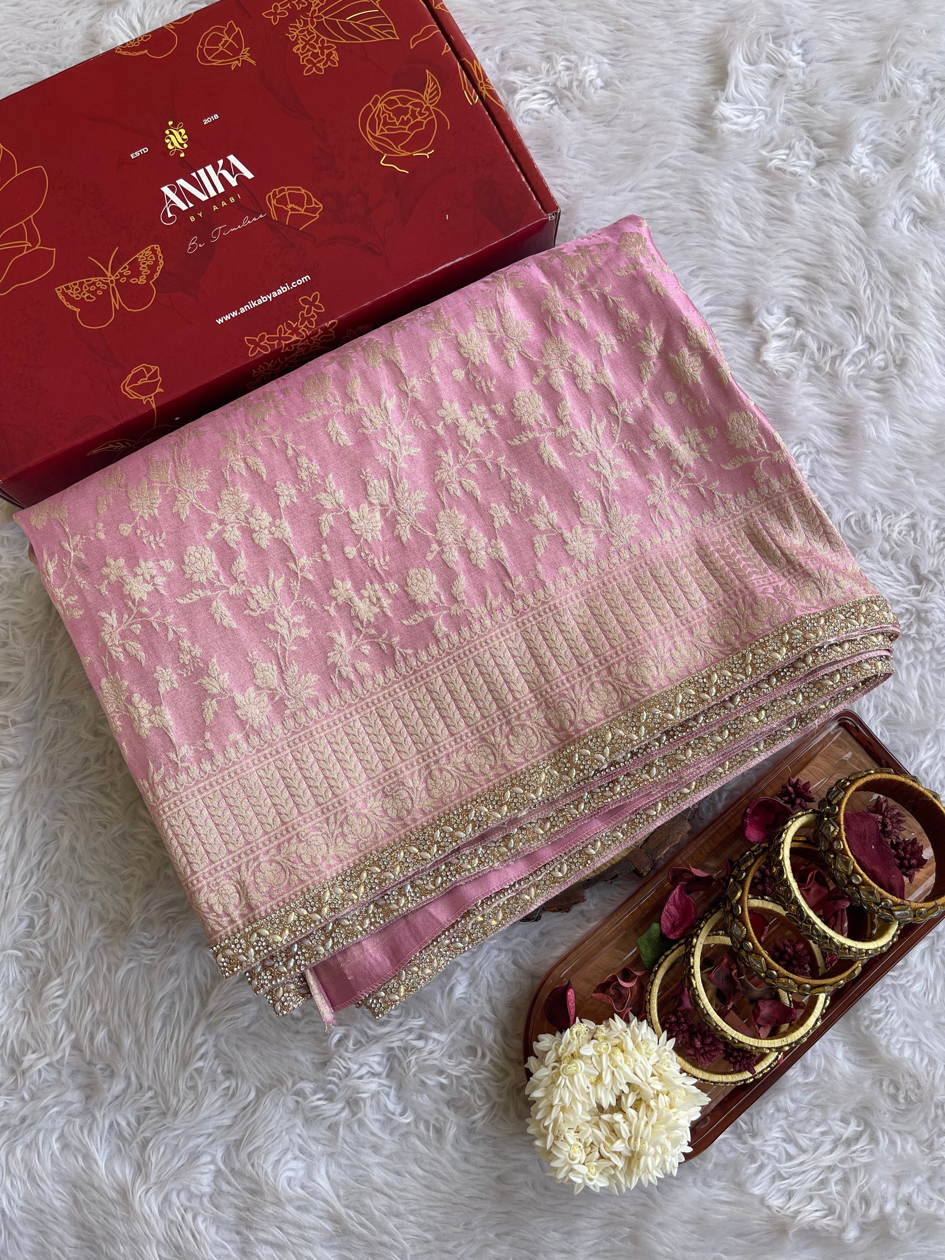 Anika Luxe - Banarasi Tissue chiniya silk saree - Baby pink