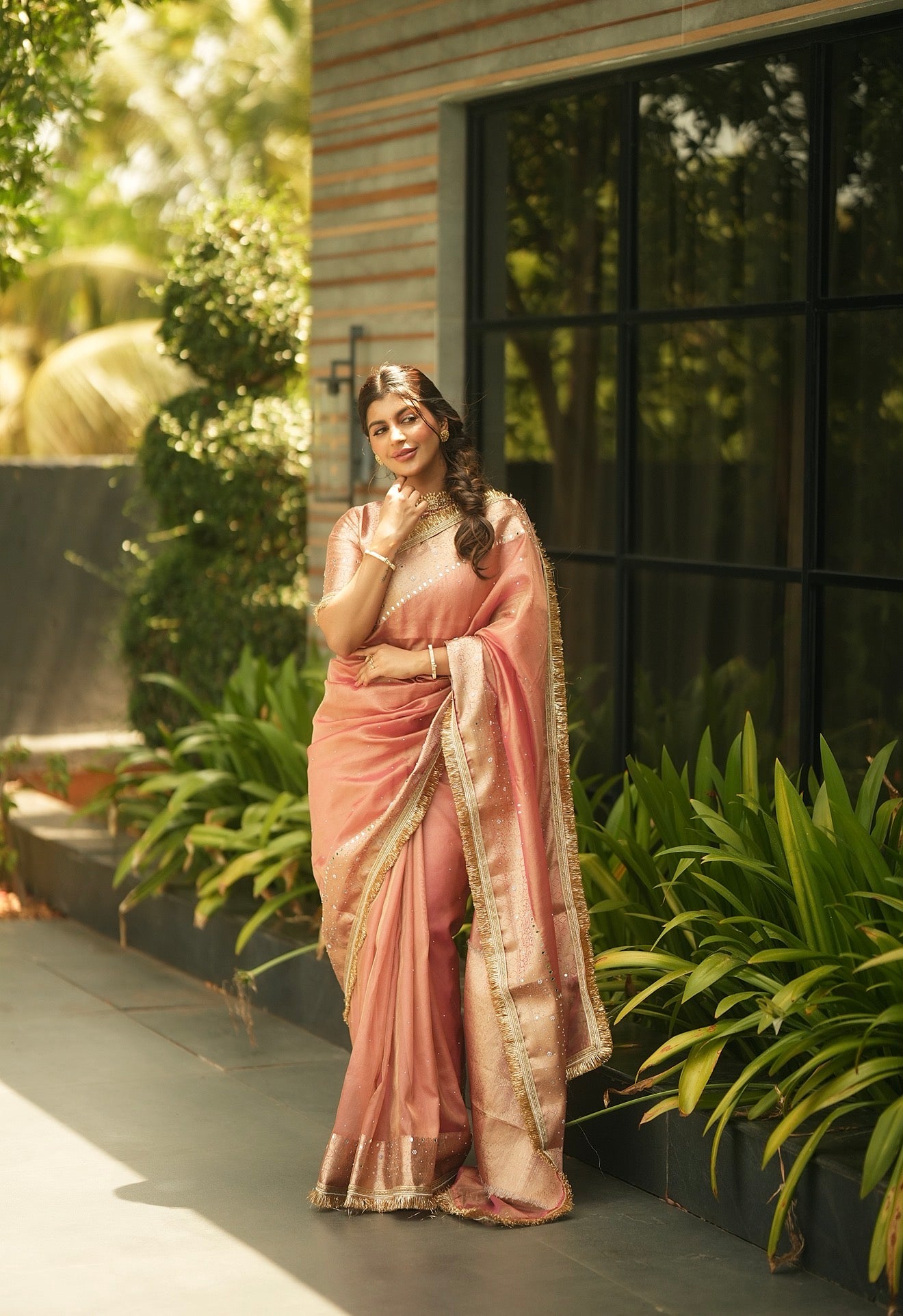 Pink Banarasi Tissue silk saree with mirror work and lace - YASHI