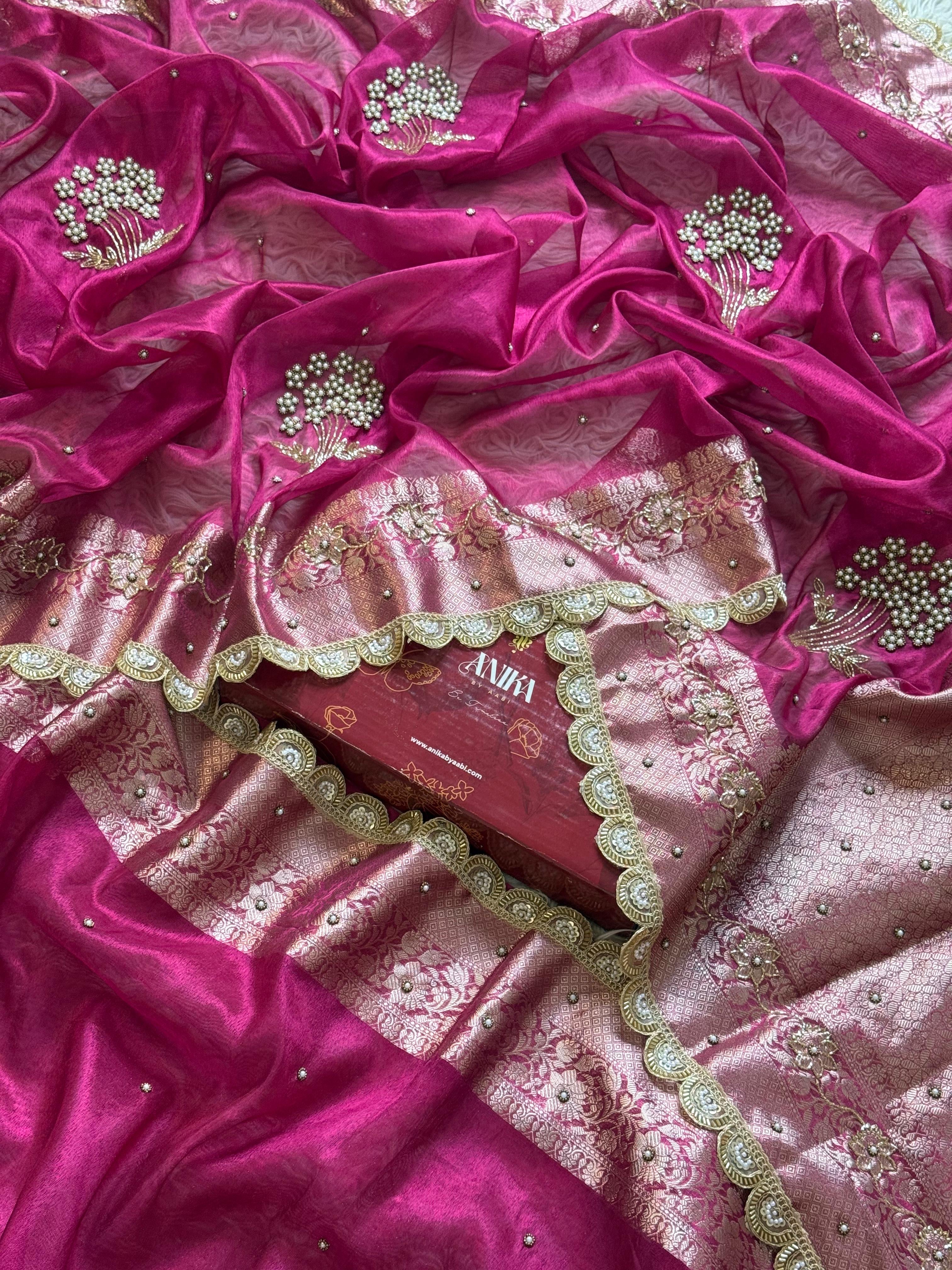 Ranipink Banarasi Tissue silk saree with Handwork & Lace - Tissue Luxe