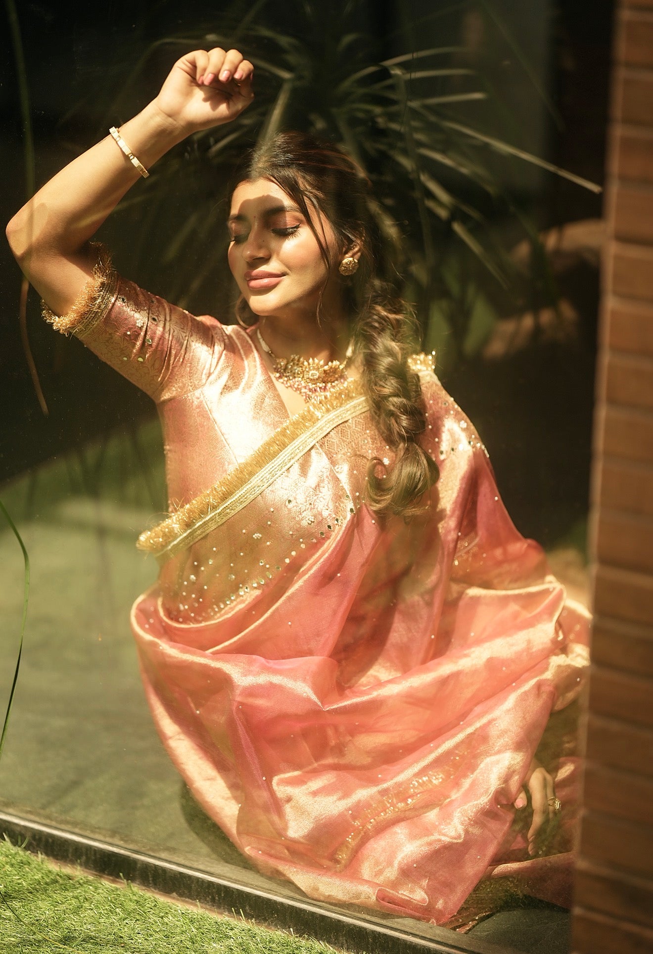 Pink Banarasi Tissue silk saree with mirror work and lace - YASHI