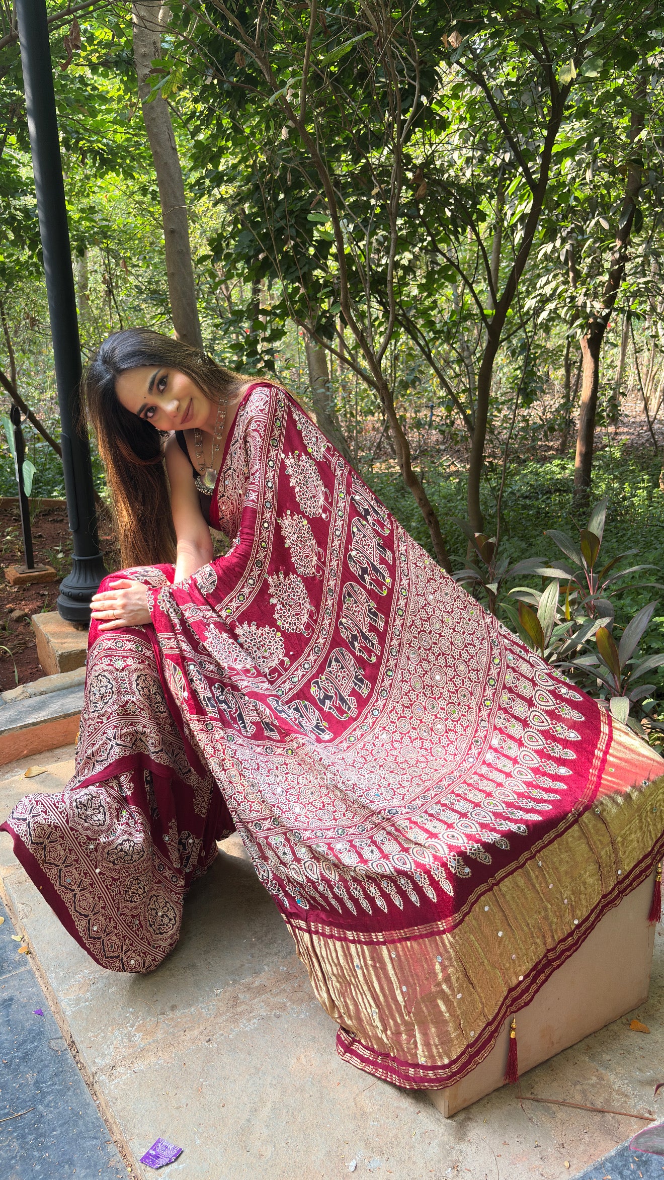 Ajrakh Special Edit Modal silk saree  - Maroon MS01