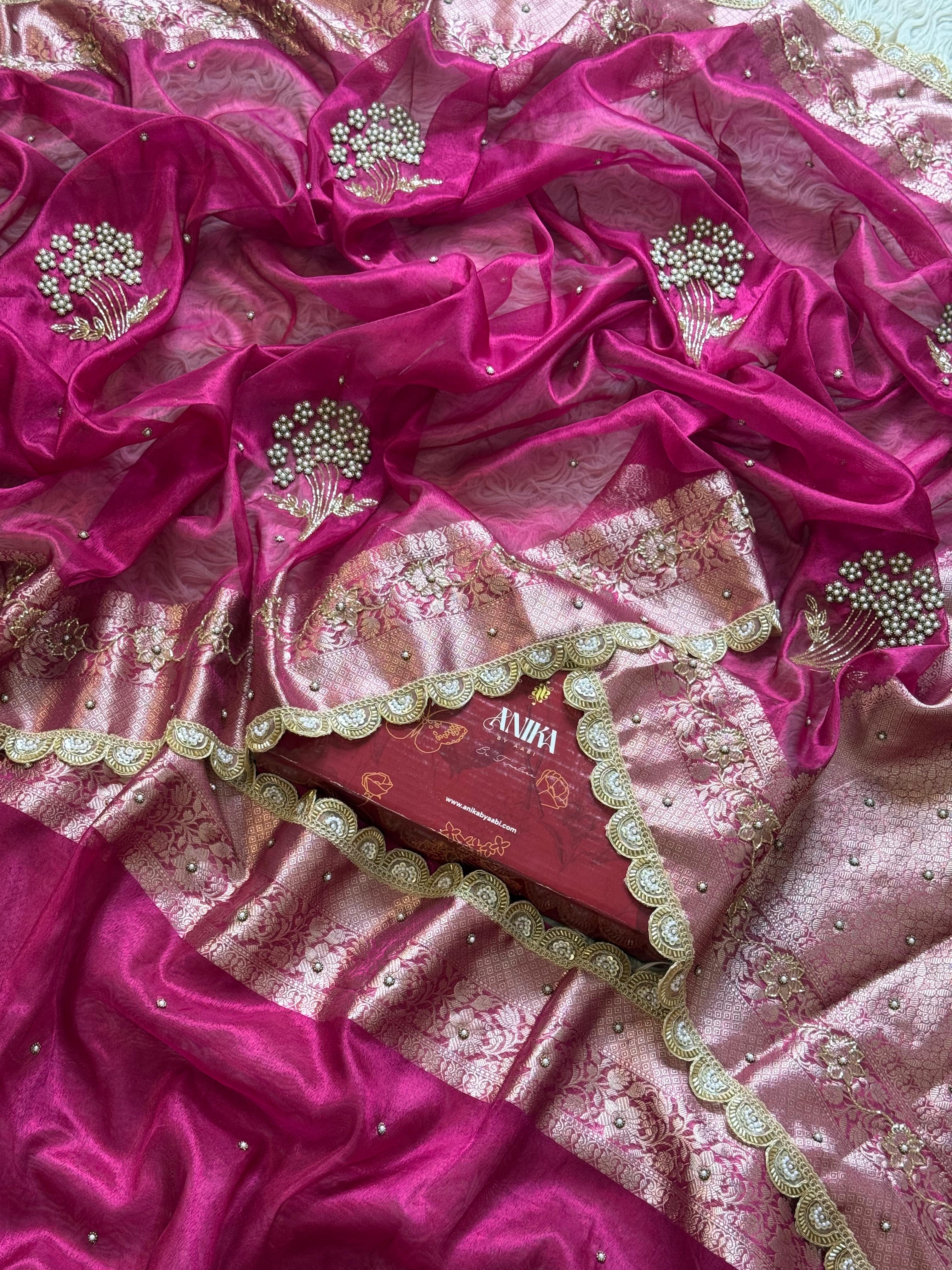 Ranipink Banarasi Tissue silk saree with Handwork & Lace - Tissue Luxe