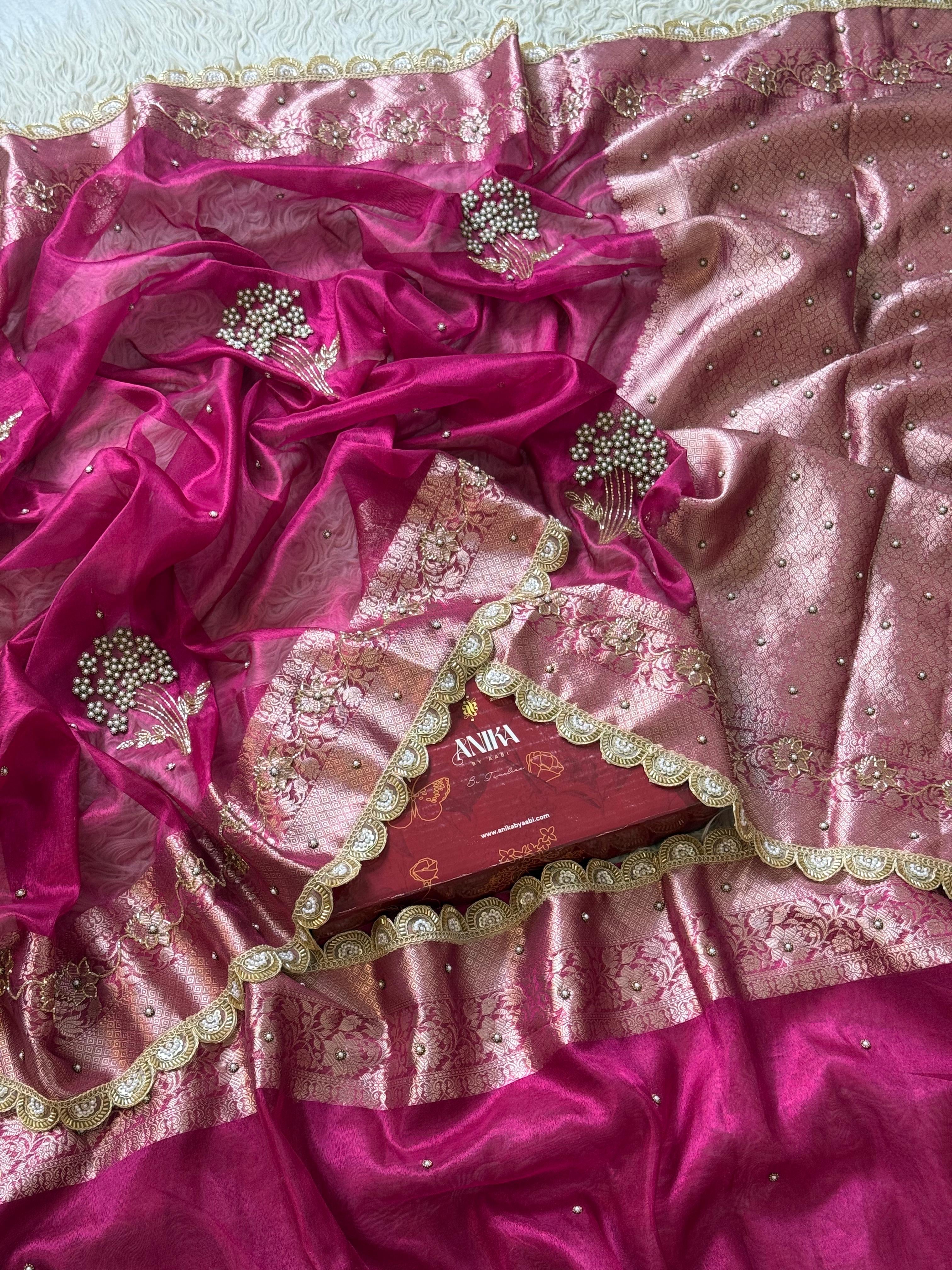 Ranipink Banarasi Tissue silk saree with Handwork & Lace - Tissue Luxe
