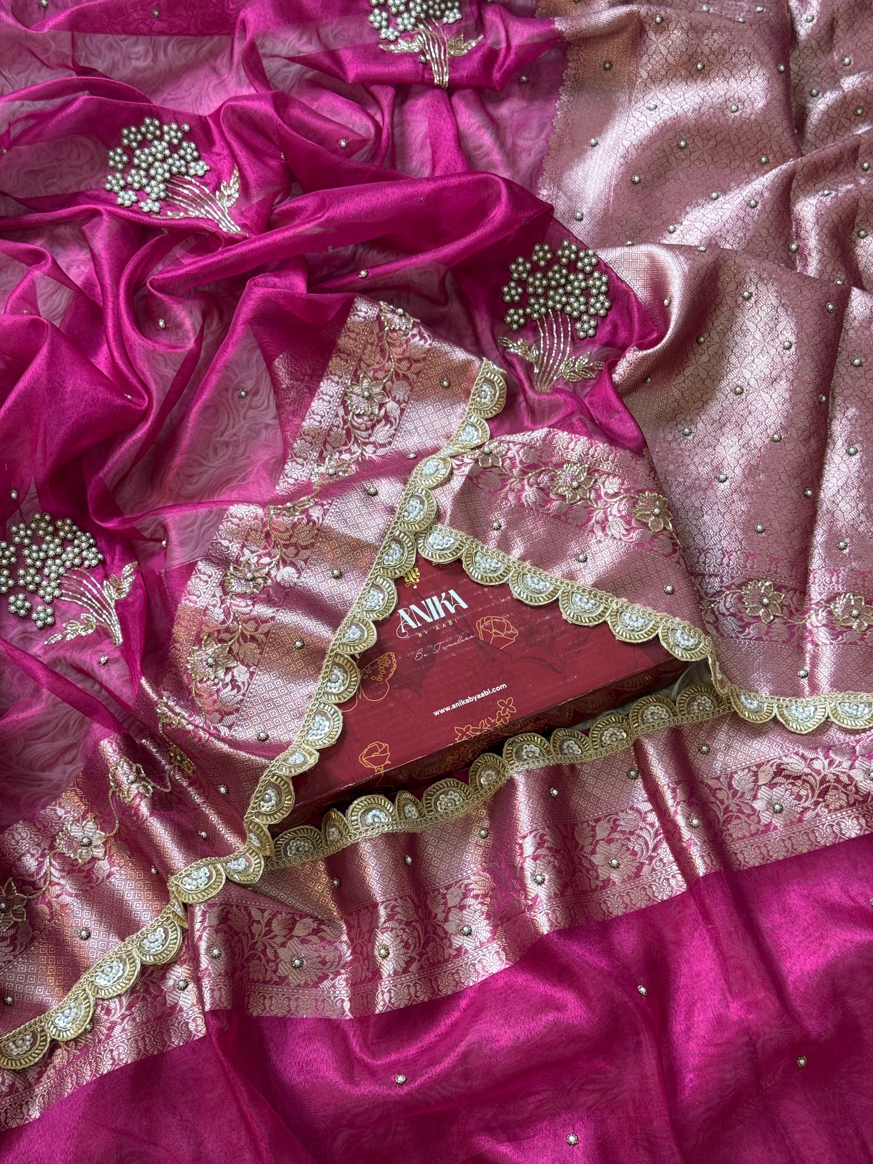 Ranipink Banarasi Tissue silk saree with Handwork & Lace - Tissue Luxe