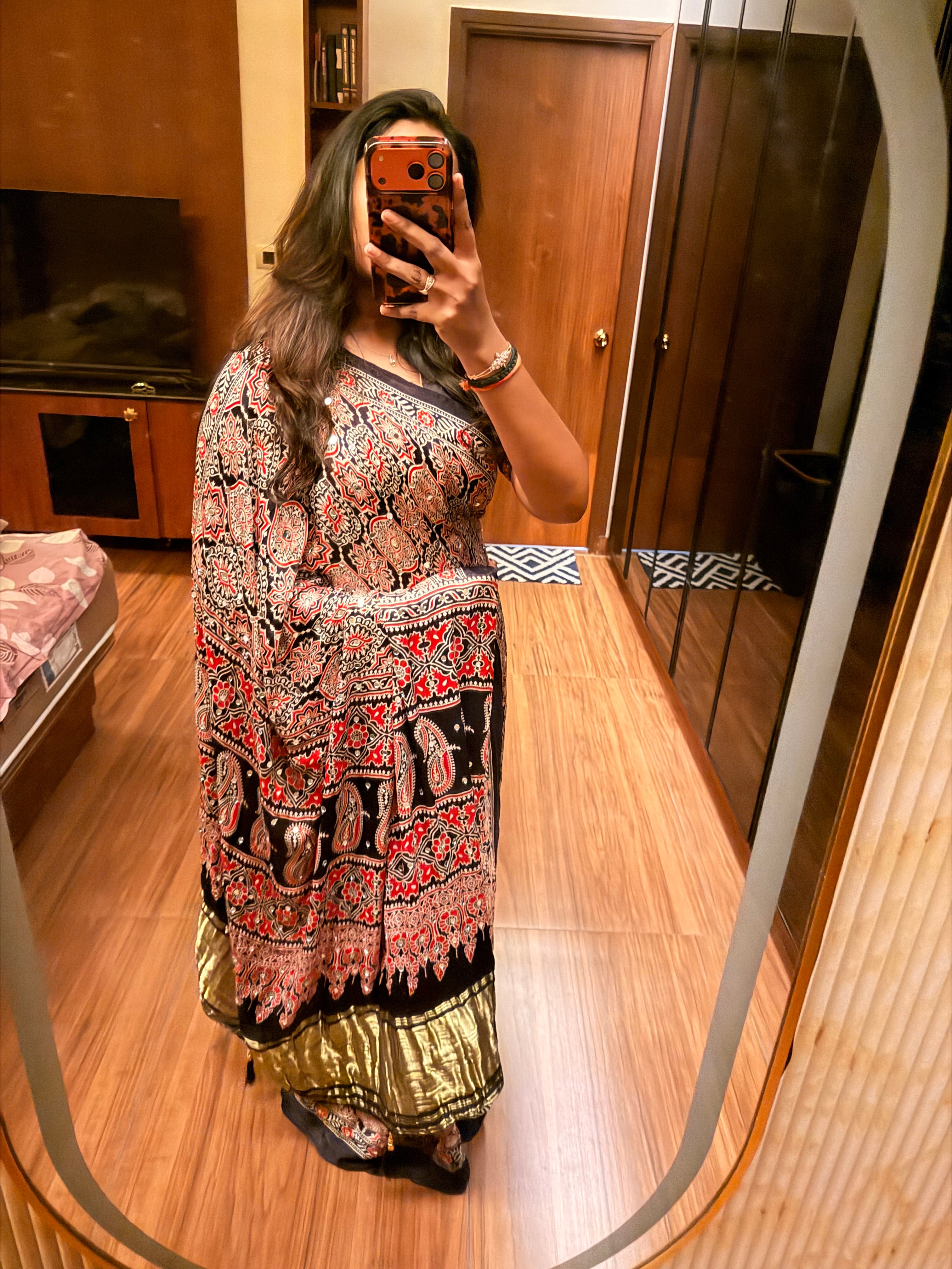 Ajrakh Model Mirror Work Saree-Nevyblue