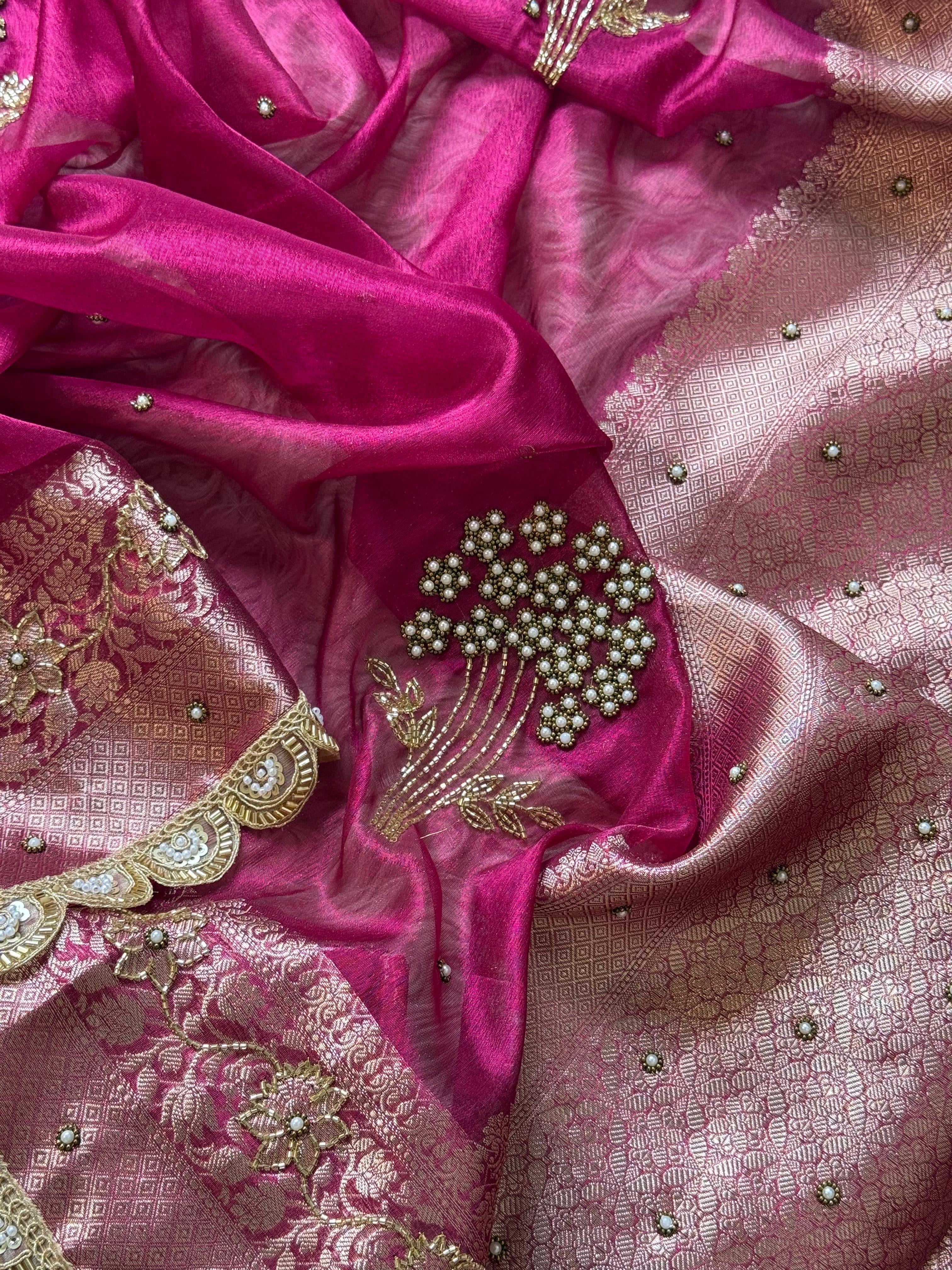 Ranipink Banarasi Tissue silk saree with Handwork & Lace - Tissue Luxe