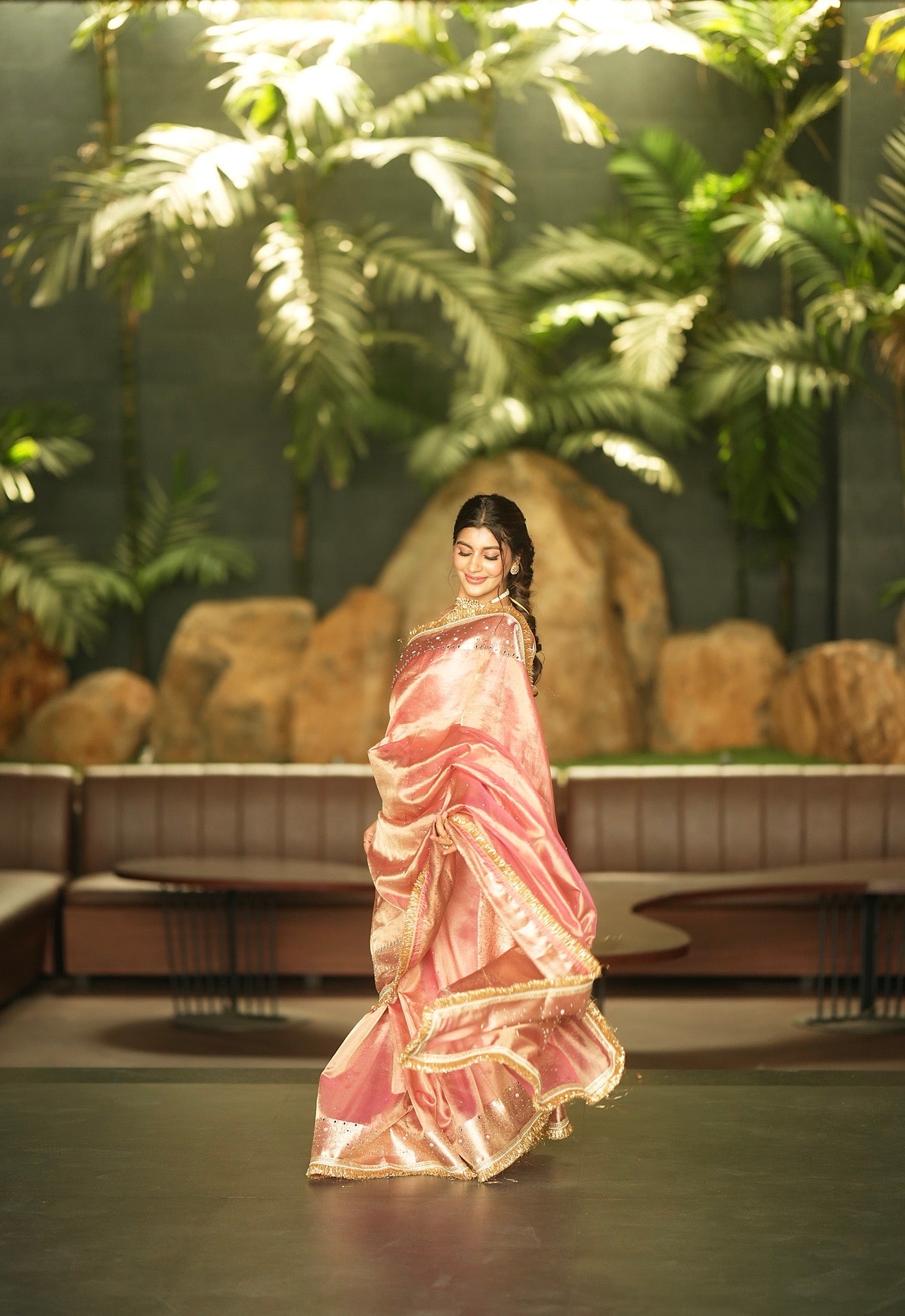 Pink Banarasi Tissue silk saree with mirror work and lace - YASHI