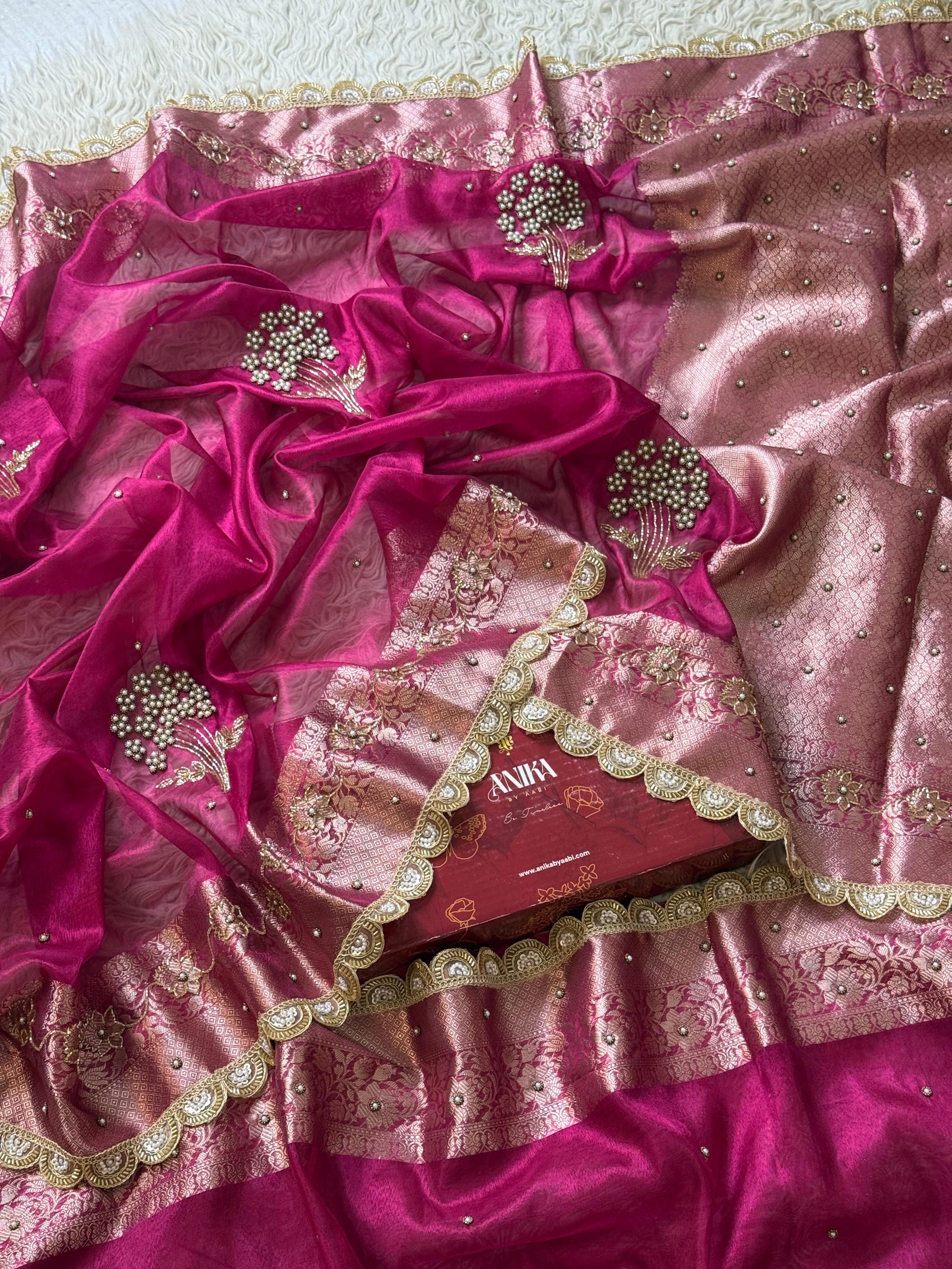 Ranipink Banarasi Tissue silk saree with Handwork & Lace - Tissue Luxe