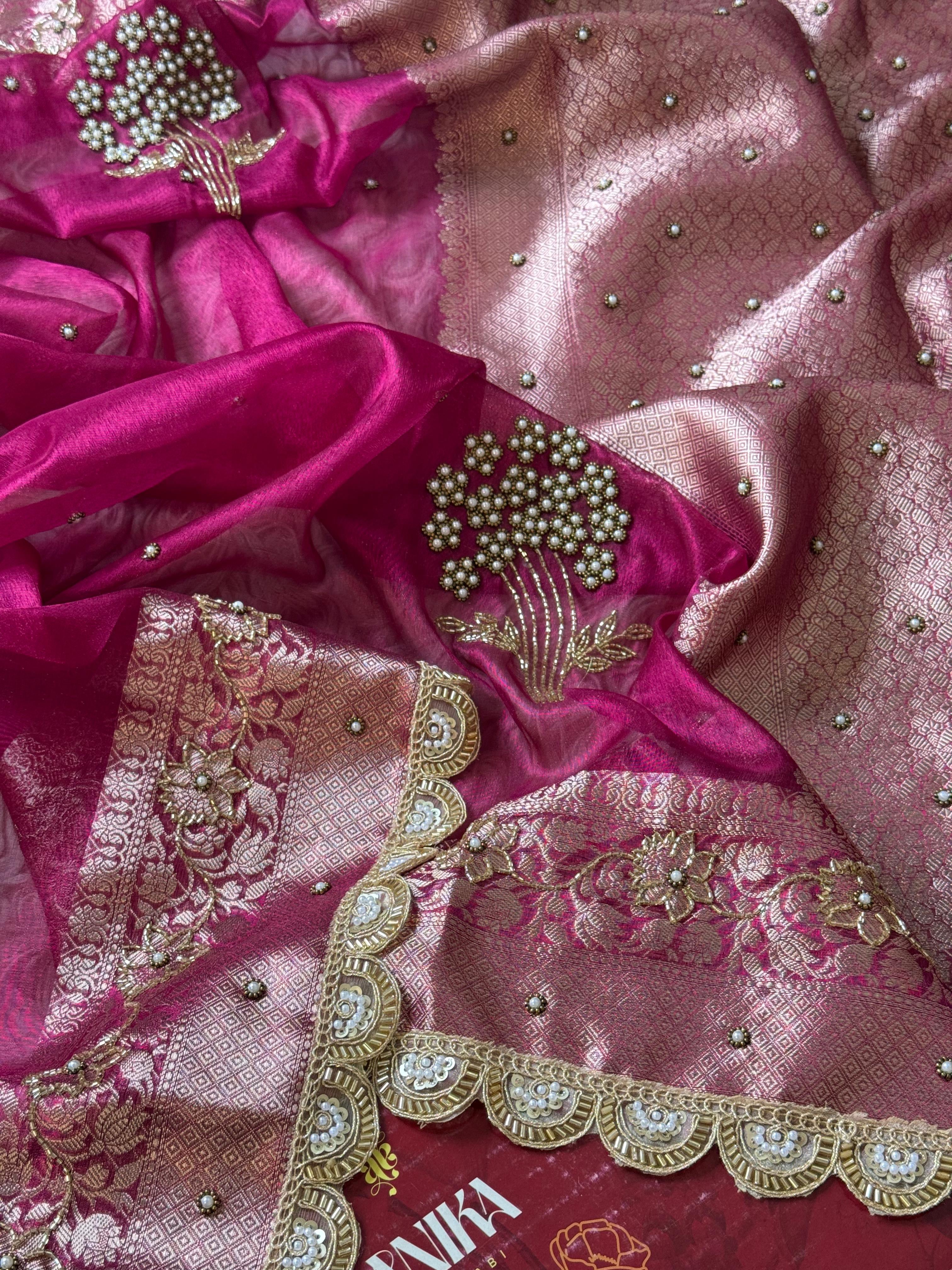 Ranipink Banarasi Tissue silk saree with Handwork & Lace - Tissue Luxe