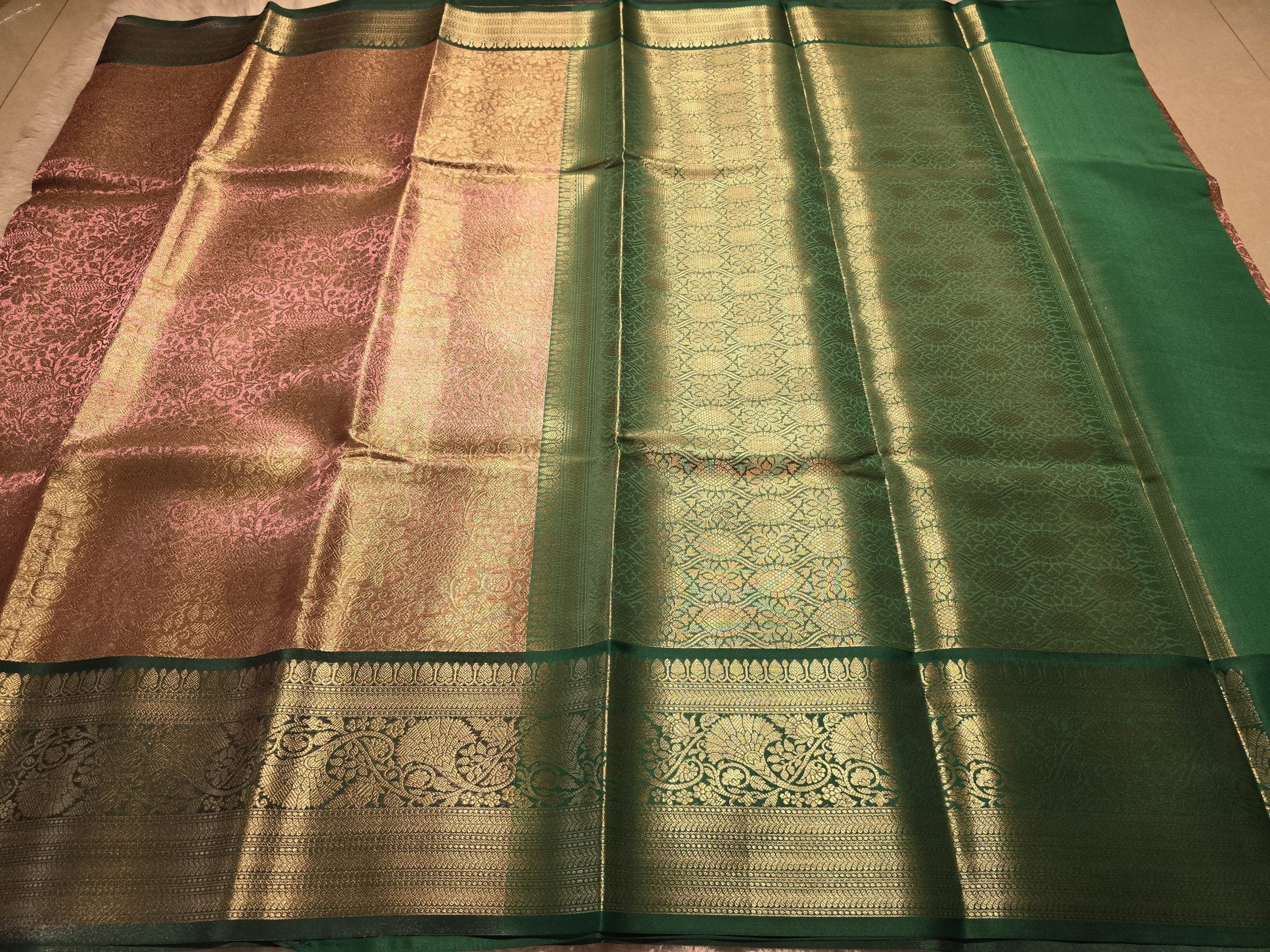 TISSUE FLORAL-ROSEGOLD WITH GREEN SAREE