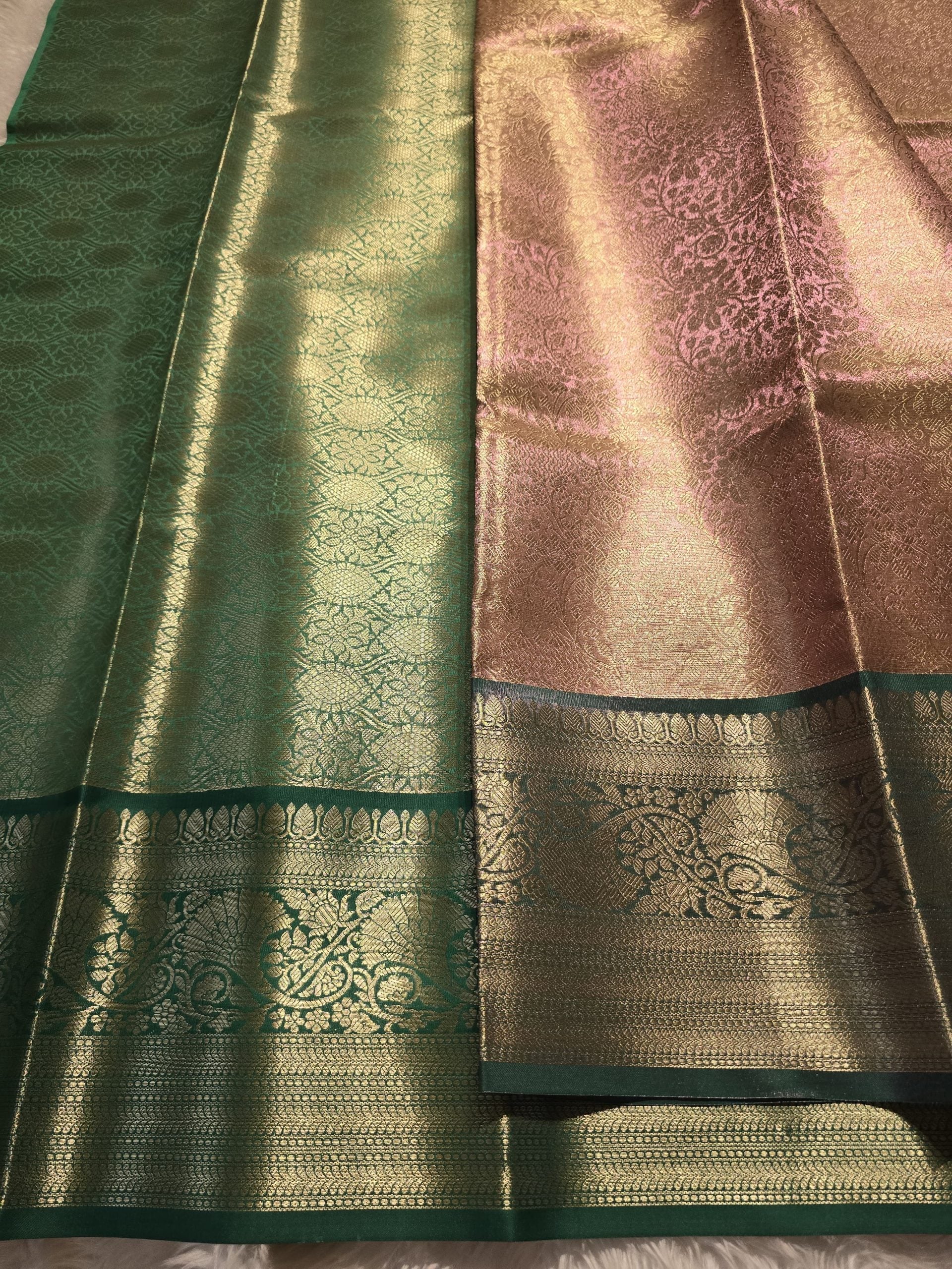 TISSUE FLORAL-ROSEGOLD WITH GREEN SAREE