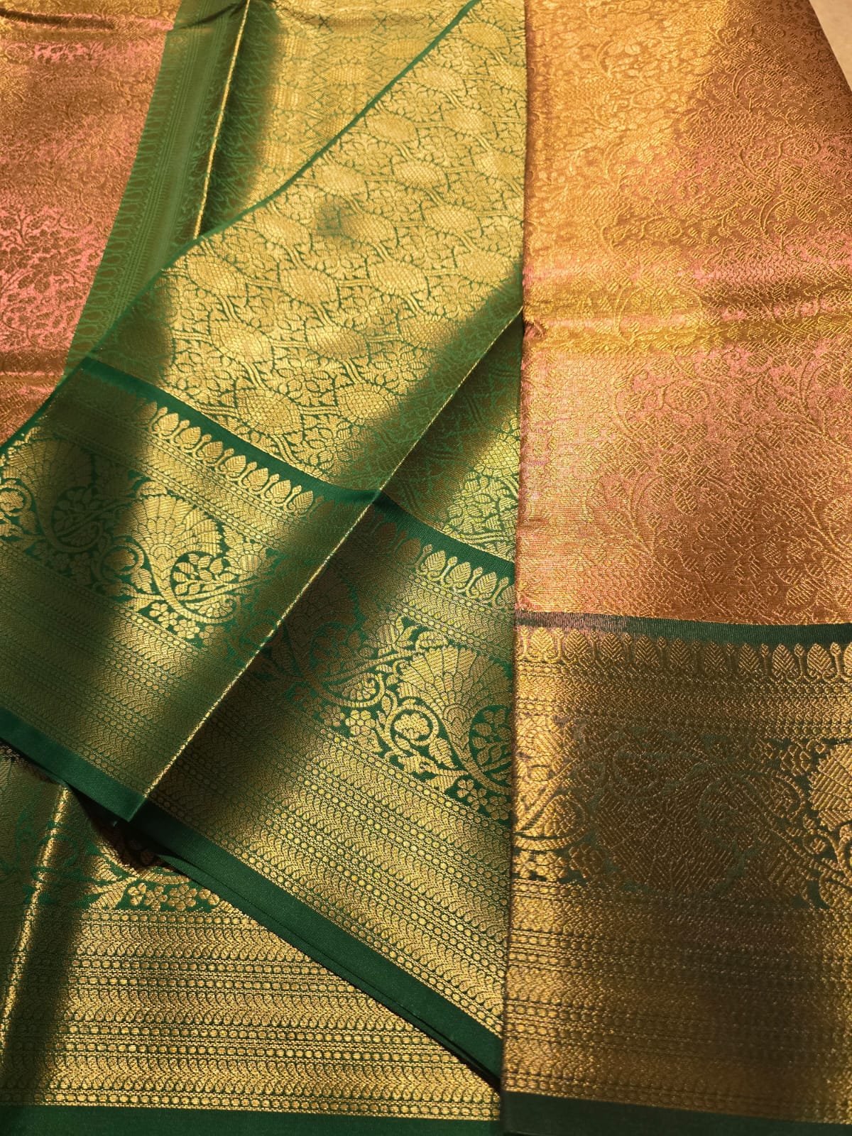 TISSUE FLORAL-BEIGE GOLD WITH GREEN SAREE