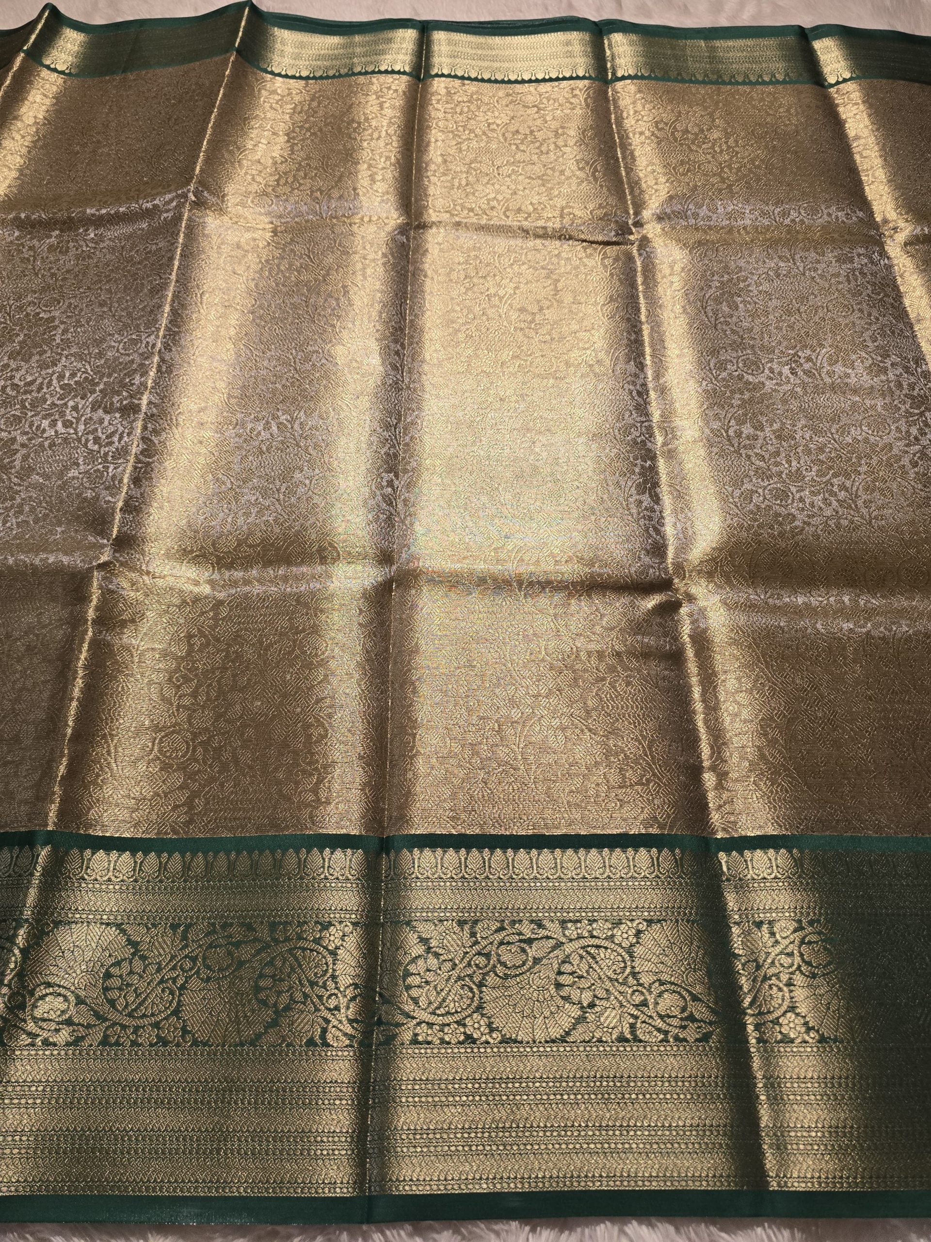 TISSUE FLORAL-GRAY GOLD WITH BOTTLE GREEN SAREE
